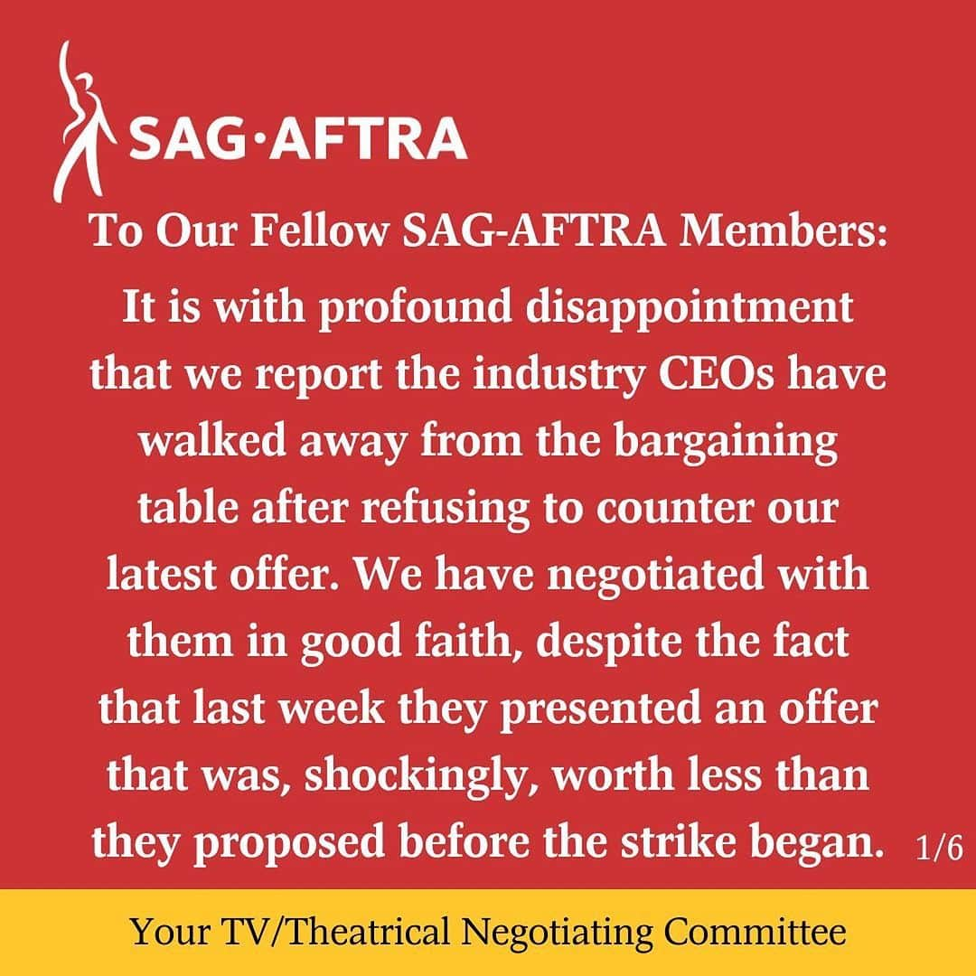 ロバート・パトリックさんのインスタグラム写真 - (ロバート・パトリックInstagram)「#Repost @sagaftra ・・・ To Our Fellow #SagAftraMembers:  It is with profound disappointment that we report the industry CEOs have walked away from the bargaining table after refusing to counter our latest offer. We have negotiated with them in good faith, despite the fact that last week they presented an offer that was, shockingly, worth less than they proposed before the strike began.  Our resolve is unwavering. Join us on picket lines and at solidarity events around the country and let your voices be heard.   One day longer. One day stronger. As long as it takes.  - Your TV/Theatrical Negotiating Committee」10月13日 0時06分 - ripfighter