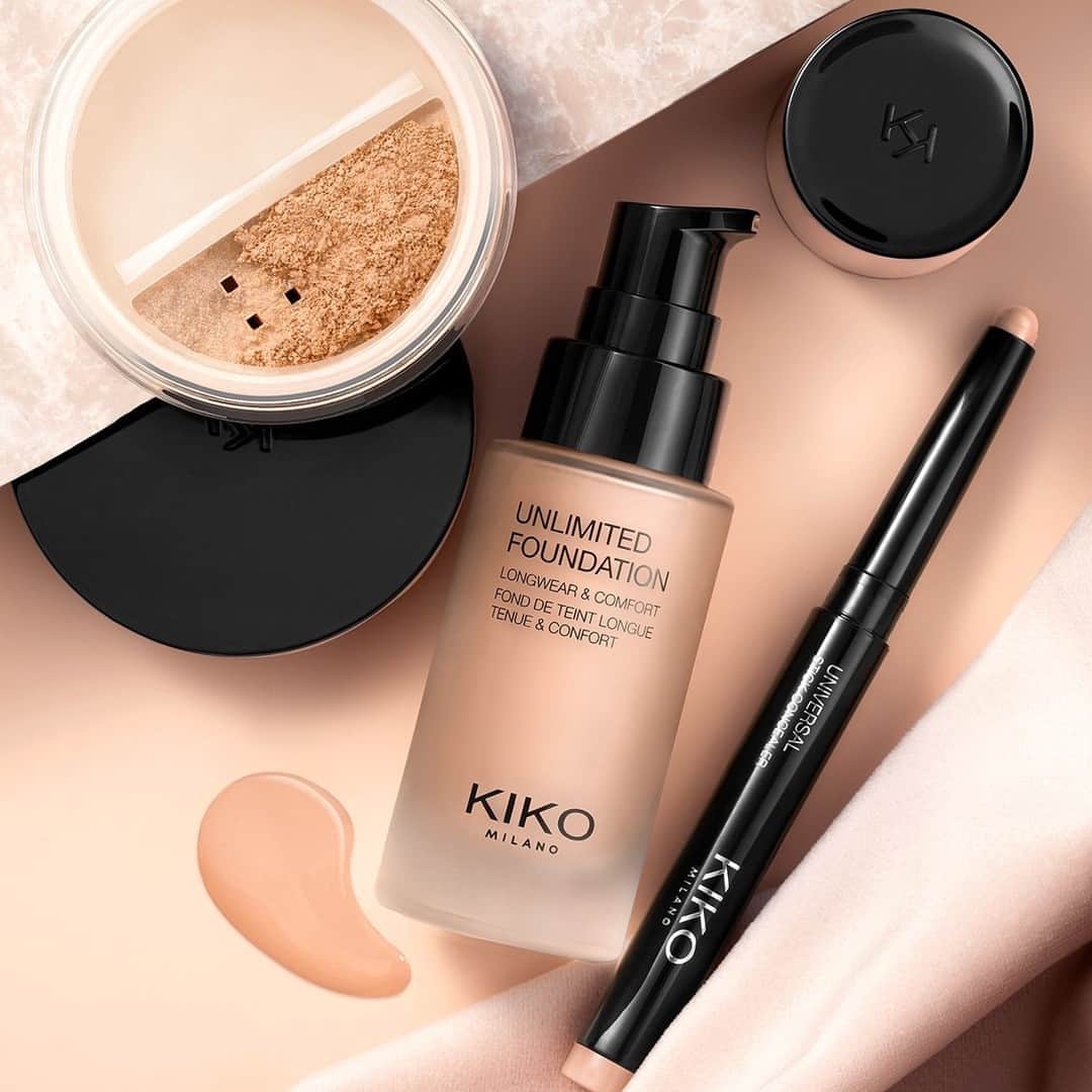 KIKO MILANOのインスタグラム：「Here’s our not-so-secret recipe for flawless skin:⁣ 🖤 New Unlimited Foundation: lightweight & velvety with a matte finish ⁣ 🖤 New Universal Concealer: creamy texture, offering medium to high coverage⁣ 🖤 Unlimited Long Lasting Matte Loose Powder: enriched with pigmented microspheres to even-out your complexion.⁣ Which of these have you already tried? 😍 ⁣ ⁣ New Unlimited Foundation 03 - Unlimited Long Lasting Matte Loose Powder 03 - New Universal Stick Concealer 07 ⁣」