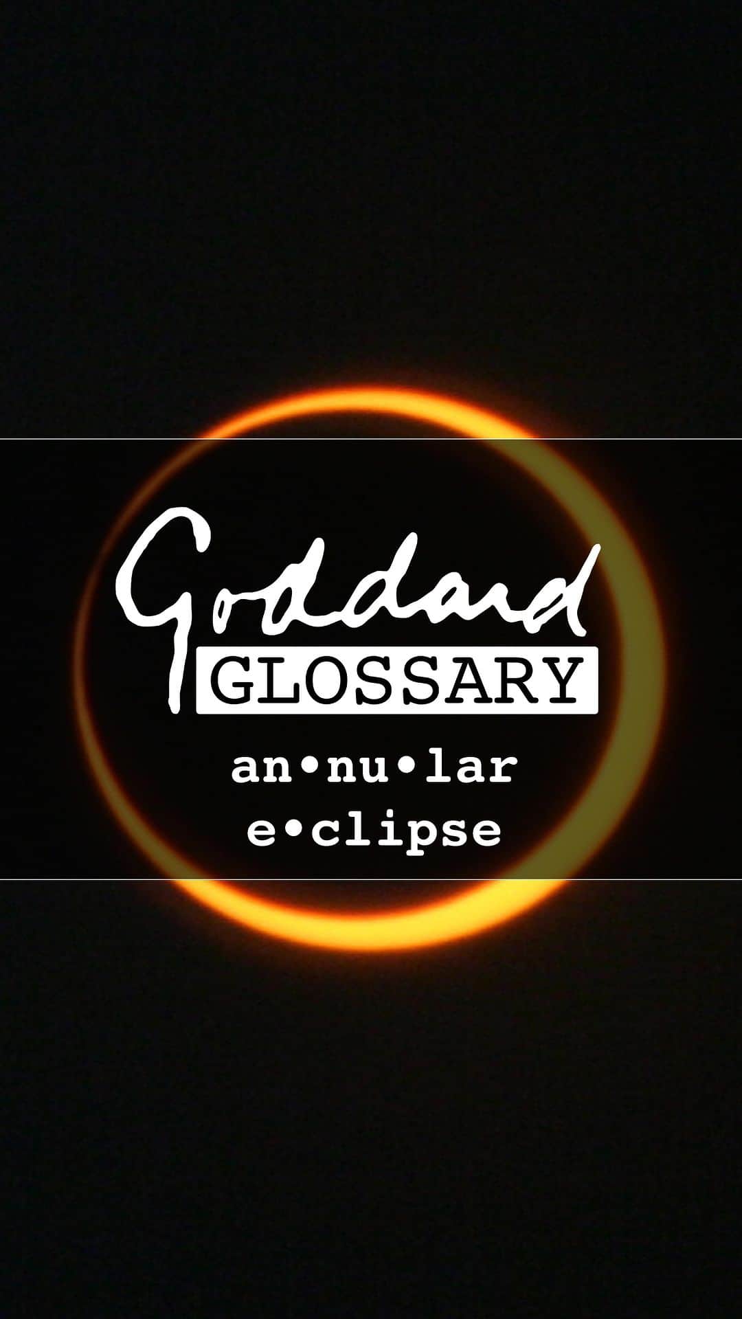 NASAのインスタグラム：「Doing your best, but not quite hitting 100%? The Moon gets that! 🌑  During an annular eclipse, the Moon covers most of the Sun, but not all. In this Goddard Glossary, learn the difference between annular and total solar eclipses and how other planets experience the phenomenon too!  Video description: 00:00 A woman in a black NASA sweatshirt in front of a black background with an image of annular eclipses behind the woman. The word annular eclipse is spelled phonetically across the top of the screen. 00:07 Animation of the Earth spinning while the Moon orbits around Earth. 00:11 Animation of Earth and Moon again but casting a shadow to showcase the angle of Moon to the Earth during an eclipse. 00:15 Back to the woman talking. 00: 18 Animation of the Moon in front of the Sun creating a “ring of fire” effect. 00:24 Completely blacked out Sun caused by the Moon from a total solar eclipse. 00:27 A visualization of the Moon in different phases across a dark sky. 00: 32 Back to the woman talking. 00:36 Black and white Visualization of Saturn and Moon showcasing its rings. 00:39 Close of up Saturn’s rings. 00:42 Black and white panning visualization of Saturn. 00:45 Black and white visualization of an eclipse behind Saturn’s rings. 00:48 Back to woman talking. 00:52 Video of woman placing solar eye protective glasses on. 00:57: Back to woman talking.  #Eclipse #AnnularEclipse #SolarEclipse #NASA #Space #Sun #Moon」