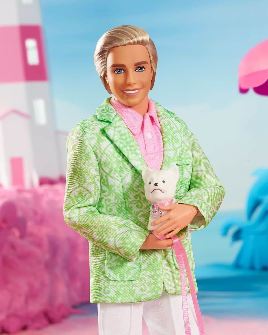 バービーのインスタグラム：「A pooch and his pal in their best pastels 💕💚 It’s Ken and Sugar, all the way from Weird Barbie’s house! Inspired both by his #BarbieTheMovie character and a piece of @mattel history, shop the @mattelcreations exclusive Sugar’s Daddy Ken doll now. #barbie #barbiestyle #mattelcreations」