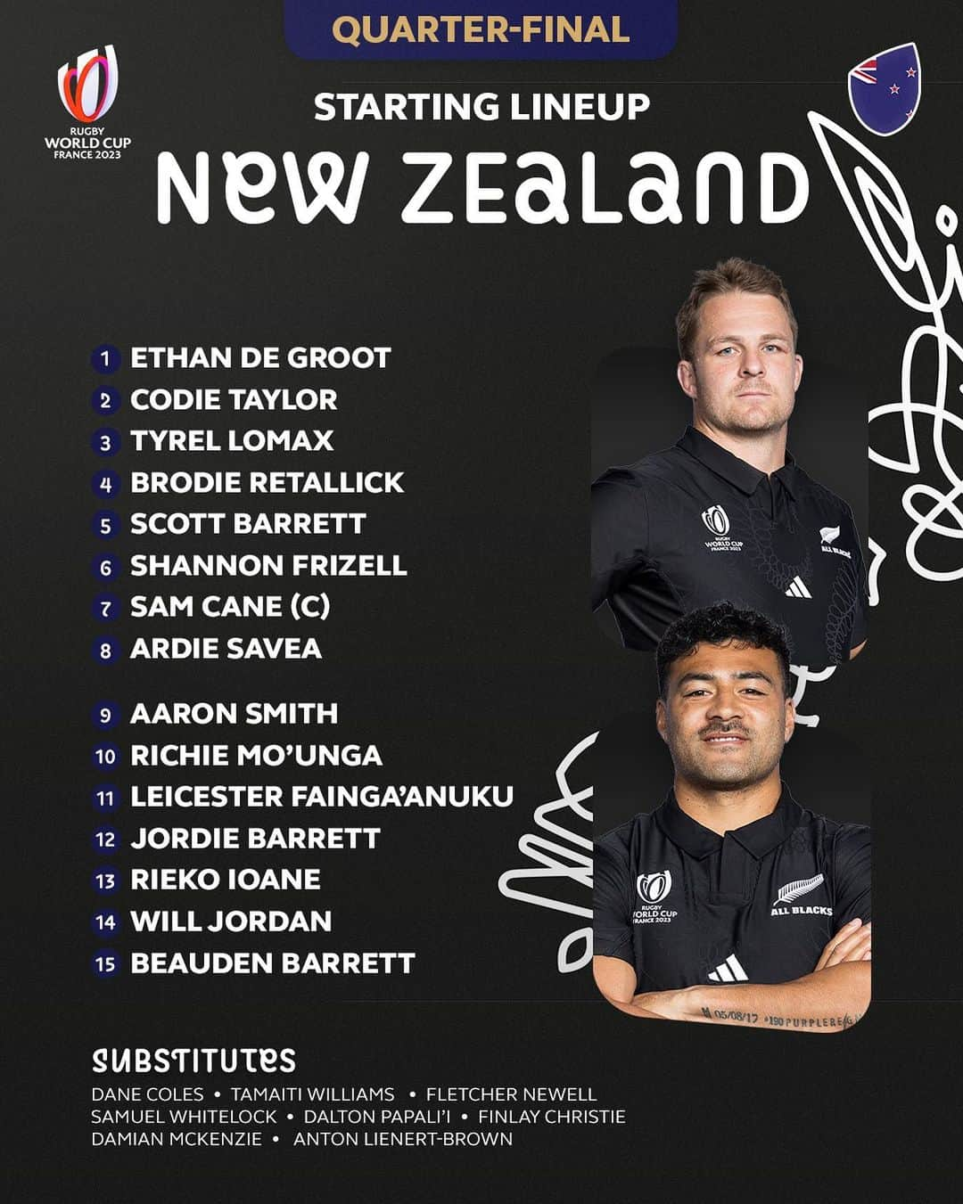 ワールドラグビーさんのインスタグラム写真 - (ワールドラグビーInstagram)「The @allblacks side which will face Ireland in the quarter-finals 🔥  #RWC2023 | #IREvNZL」10月13日 1時13分 - worldrugby