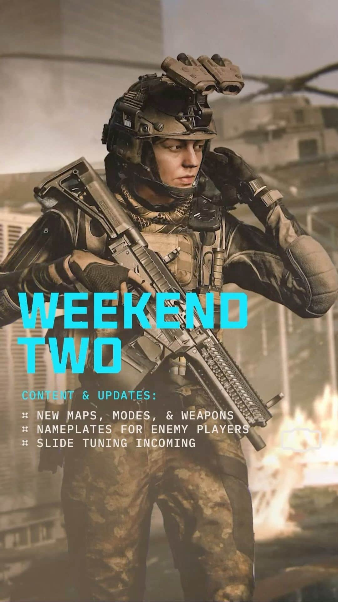 スレッジハンマー・ゲームズのインスタグラム：「Weekend Two of the #MW3 Multiplayer Beta begins today at 10 AM PT!  Jump in with all-new content and gameplay updates:  🎖️ Max Level 30 🗺️ Highrise, Orlov Military Base 🥷 Cutthroat, Search and Destroy 📛 Enemy Nameplates 🥾 Slide tuning incoming  Link to the full Patch Notes in stories 👀」