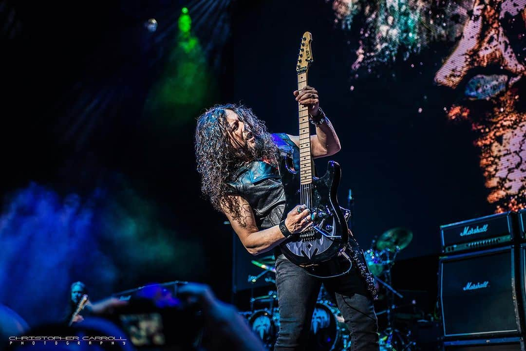 Queensrycheのインスタグラム：「#tbt - Michael @m3rockfestival at Merriweather Post Pavilion in Columbia, MD - 2018 (photo credit Christopher Carroll ROCK Photography) #queensryche #maryland #throwbackthursday #michaelwilton #whip #mastuh #guitarist #guitarplayer #badass #coolaf #triryche #rychersrule」