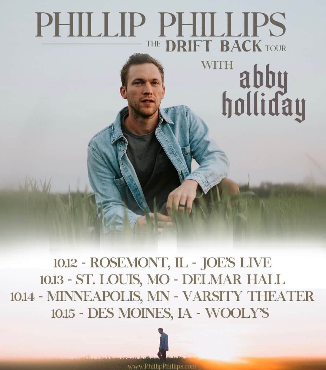 フィリップ・フィリップスのインスタグラム：「Midwest, you're up next! We're playing some incredible venues this week on the Drift Back Tour with our friend @abbyholliday, let me know what songs you want to see on the setlist! 👇  10.12: @joesrosemont  10.13: @delmarhallstl  10.14: @varsitytheater  10.15: @woolysdm   Tickets available at the link in my bio!」