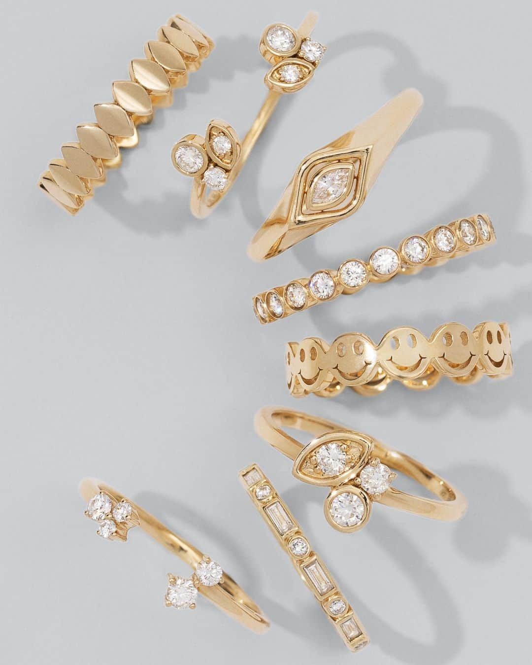 のインスタグラム：「Because One Is Never Enough 🤩 Step up your ring game with new additions like our 14k gold and diamond Happy Face Eternity Ring and Marquise Eye Cluster Ring. Which are you choosing? #SydneyEvan」