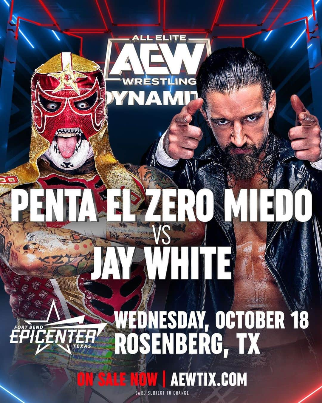 ジェイ・ホワイトのインスタグラム：「This Wednesday, 10/18 Houston, Texas WEDNESDAY Night #AEWDynamite @TBSNetwork at 8pm ET/7pm CT  First Time Ever @penta_zero_miedo Vs. @JayWhiteNZ  2 of the best go 1-on-1 Wednesday when Penta fights Jay White!  @ReneePaquette has exclusive comments from both men on #AEWRampage tomorrow on TNT at 10/9c!」