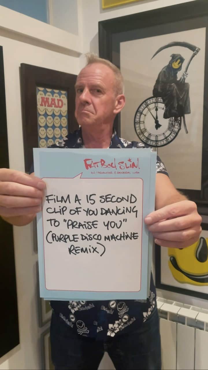 FatboySlimのインスタグラム：「#AD I’m up to some mischief with EE…. part of it is a secret gig (with a twist) for the chance to come, film a 15 sec portrait clip of you dancing to  “Praise You (Purple Disco Machine remix)” Then post it on insta story or reels tagging @ee #TheNationsGig entries close on Monday 16th October at midnight!  Go to www.ee.co.uk/thenationsgig for terms and conditions.」