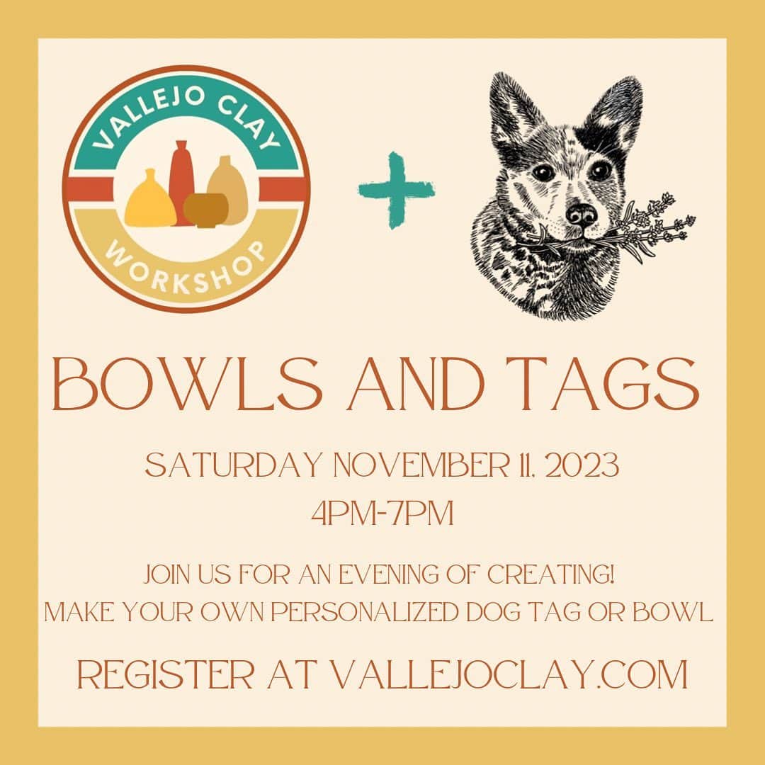 Dogs by Ginaのインスタグラム：「We are so excited to share that @vallejoclay is hosting a “bowls and tags” event at her new space on Georgia Street!   Join us for a fun pre-holiday event that is all about the dogs... and pottery!   We will have a dog tag making station where particpants will be able to hand imprint their pooch's name onto a ceramic dog tag using our stamped letters. This is a fun and simple project that anyone can do.   For those who like more of a challenge we will have a dog bowl making session as well. Choose between 3 sizes of dog bowl and we will show you how to construct it using a clay slab and template. Decorate it the way you like and your dog will have a handmade one-of-a-kind bowl to eat or drink out of. Even dogs like handmade... we think!   Everything you need will be  provided, bring an apron if you want your clothes to stay clean. All items will be carefully glazed and fired and ready to pick up in about 2-3 weeks.」
