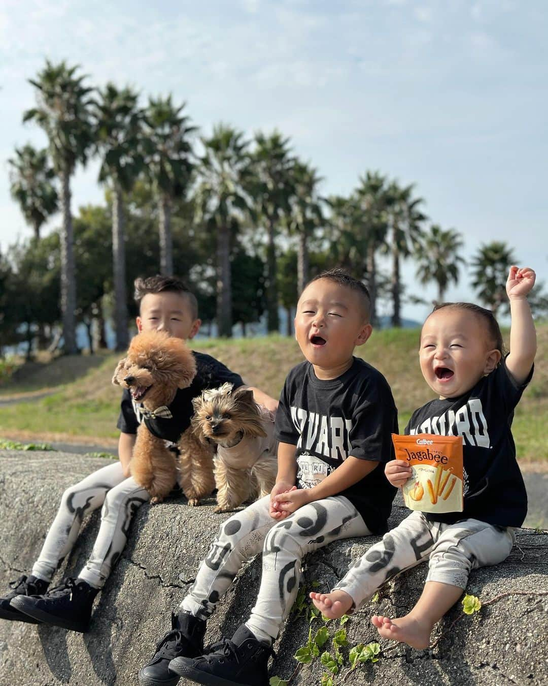 あすかさんのインスタグラム写真 - (あすかInstagram)「ㅤ ㅤ ㅤ いつかの🌴 三兄弟👶🏻👶🏽👦🏻 表情1人よく見たらそっくり🤭♥️  ㅤ ㅤ mama ㅤ tops： @bebe____ange  pt： @uniqlo_jp  bag&shoes&necklace： @hermes  sunglasses： @gentlemonster   ㅤ 3boy's  ㅤ tops&leggings： @zarakids  shoes： @converse_jp   ㅤ @berry.tsu_tan ： @ote.____   ㅤ ㅤ  #hermes#uniqlo#zarakids#シンプルコーデ#カジュアルコーデ#ブラックコーデ#30代コーデ#アラサーファッション#ママコーデ#ママファッション#プチプラコーデ#ママコーデプチプラ#エルメス#コンスタンスミニ#周防大島#赤ちゃんと犬#さんきょうだい#3兄弟#3兄弟ママ#お出かけコーデ   ㅤ」10月13日 7時09分 - ask_____10