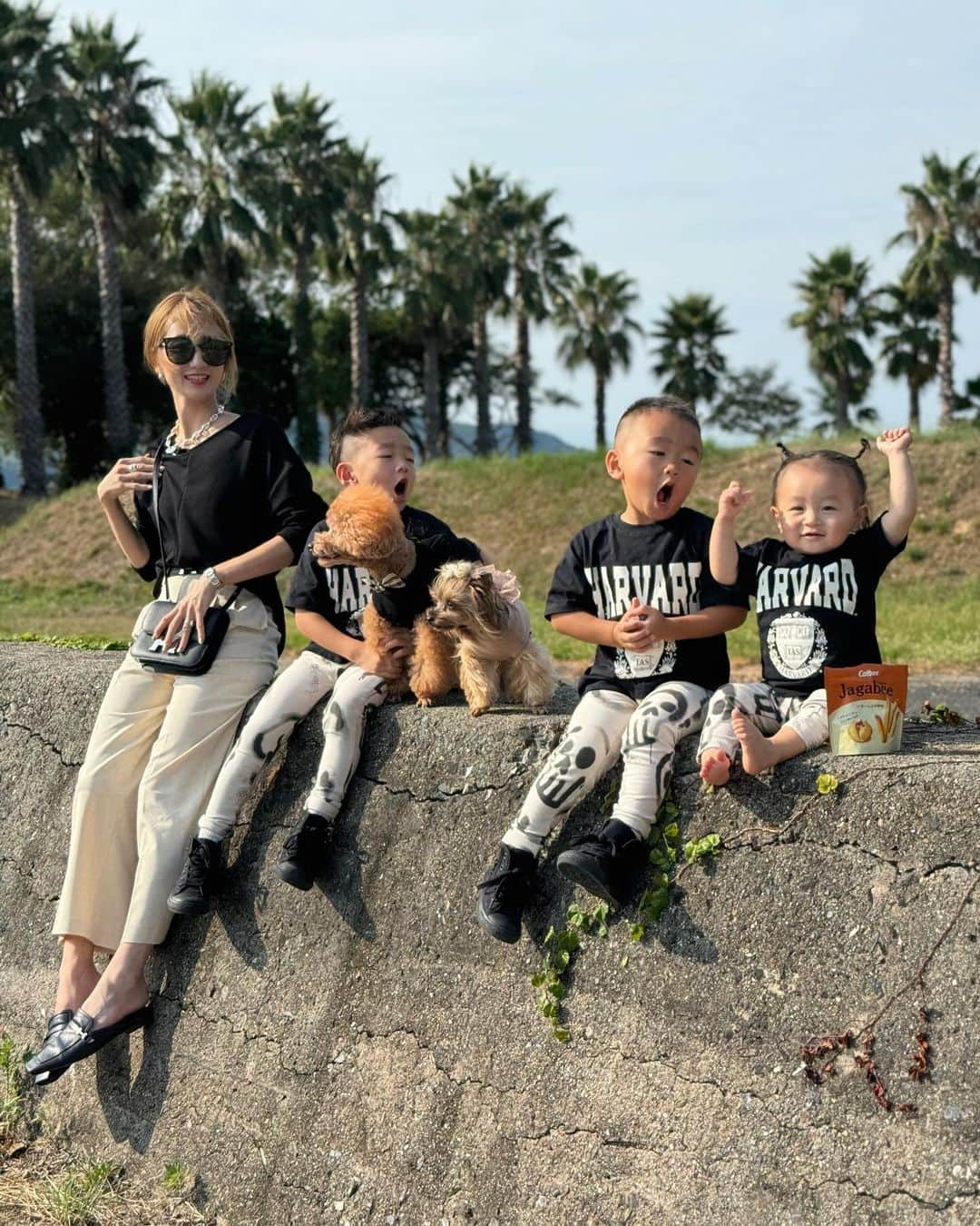 あすかのインスタグラム：「ㅤ ㅤ ㅤ いつかの🌴 三兄弟👶🏻👶🏽👦🏻 表情1人よく見たらそっくり🤭♥️  ㅤ ㅤ mama ㅤ tops： @bebe____ange  pt： @uniqlo_jp  bag&shoes&necklace： @hermes  sunglasses： @gentlemonster   ㅤ 3boy's  ㅤ tops&leggings： @zarakids  shoes： @converse_jp   ㅤ @berry.tsu_tan ： @ote.____   ㅤ ㅤ  #hermes#uniqlo#zarakids#シンプルコーデ#カジュアルコーデ#ブラックコーデ#30代コーデ#アラサーファッション#ママコーデ#ママファッション#プチプラコーデ#ママコーデプチプラ#エルメス#コンスタンスミニ#周防大島#赤ちゃんと犬#さんきょうだい#3兄弟#3兄弟ママ#お出かけコーデ   ㅤ」