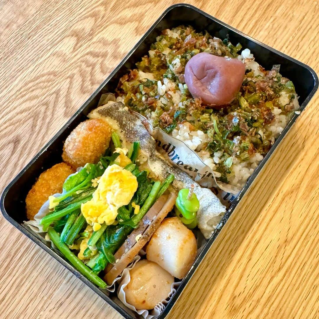 おちあやこのインスタグラム：「今日の夫弁当。  ご飯に蕪の葉の生ふりかけ 心友まーりんのママが手作りした大きな梅干し 　 タラのバジルソース焼き（冷凍） ホタテ貝柱のバター焼き 蓮根きんぴら ほうれん草たまご炒め コロッケ（冷凍）  ホタテ貝柱を大量に買ったので、 生で食べたり、焼いたり、煮たり 楽しみです。 　 今日の晩は貝柱チャウダーにしてみようかな。  #今日の夫弁当 #今日のお弁当 #お弁当 #弁当記録#あと19日」