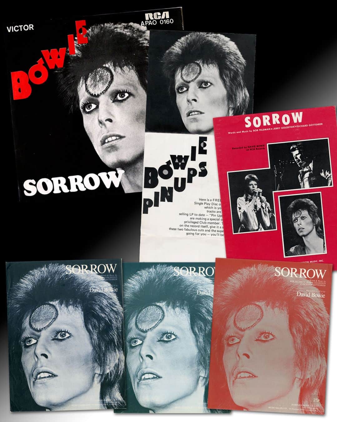 デヴィッド・ボウイさんのインスタグラム写真 - (デヴィッド・ボウイInstagram)「SORROW SINGLE IS FIFTY TODAY  “You’re out there playing your high class games of sorrow…”  As you know, next week marks the 50th anniversary of Bowie's #1 album Pin Ups, originally released 19th October 1973.  Just one single was issued from the album in the UK, a version of The McCoys’ Sorrow, which later enjoyed wider recognition via The Mersey’s rendition.   Bowie’s superb stab at the song reached #3 in the UK and it also gave him his first #1 anywhere in the world when it hit the top spot in Australia, New Zealand, and South Africa.  Following mono adverts of the Pin Ups sleeve advertising Sorrow in this week’s music press fifty years ago, variations of our main image (taken by @therealmickrock) were used in the promotion of Sorrow, as you can see from the second slide, including three UK versions of the sheet music.   The sweet surprise all those years ago was another cover, Bowie’s sublime version of Amsterdam on the B side of Sorrow...more of which soon.   #BowiePinUps50 #BowieSorrow50」10月13日 7時55分 - davidbowie