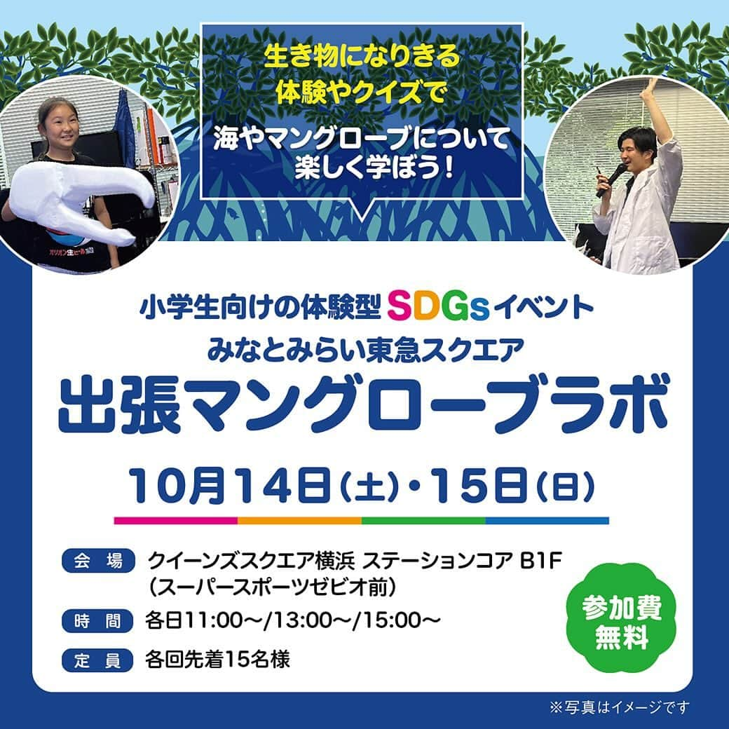 みなとみらい東急スクエアのインスタグラム：「. みなとみらい東急スクエアで、10/14(土)・15(日)の2日間、小学生向けの体験型SDGsイベント『出張マングローブラボ』を開催！ マングローブラボは「環境移送技術」を活用し、マングローブ林の環境が観察できる貴重な学びの場です📝 生き物になりきる体験やクイズなどのコンテンツで、海やマングローブなどについて楽しく学ぼう😉   みなとみらい東急スクエア 出張マングローブラボ 【期間】10/14(土)・15(日) 【時間】各日11:00～、13:00～、15:00～ ※1回約60分のプログラムです ※各日10:00から会場にて当日各回の整理券を配布いたします 【定員】各回先着15名様(小学生推奨イベントとなります) 【参加費】無料 【会場】クイーンズスクエア横浜 ステーションコア B1F（スーパースポーツゼビオ前）  #イベント #SDGs #マングローブラボ #出張マングローブラボ #みなとみらい東急スクエア #minatomiraitokyusquare #クイーンズスクエア横浜 #クイーンズスクエア #queenssquareyokohama #みなとみらい #minatomirai #mm #神奈川 #kanagawa #みなとみらいイベント」