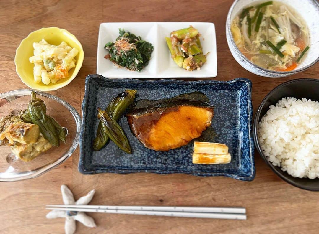 松木里菜のインスタグラム：「.｡･*. 夜ご飯を控えめにしているので みんなが昨夜食べたものを私はお昼に🍚😋  近くの道の駅で野菜を買いすぎたのでいつもより1.2品多いのです🤫  美味しい野菜が食べられるって幸せ💚  ブリ照りと梅肉和えには無添加 #福みりん  上品な甘みとテリ♡ . . . . . .  #ご飯 #ブリ照り #冬瓜  #matsukiご飯」