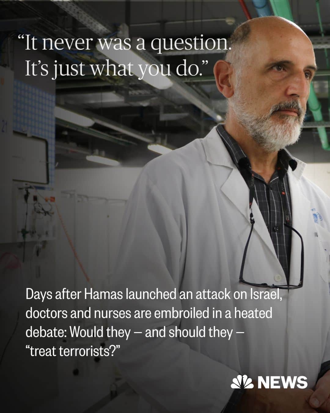 NBC Newsのインスタグラム：「After reports spread that injured Hamas militants had been admitted to public hospitals to be treated alongside injured Israeli civilians, video emerged of dozens of angry people gathering at the entrance of one hospital in the country's south. The incident, based on unverified rumors, spread widely across social media in a reflection of a broader national discussion.  At a hospital in the Israeli city of Tel Aviv, there were mixed feelings among patients and medical workers who spoke to @NBCNews on Thursday — the sixth day of war between the country and Hamas.  "Among staff, it's a very heated subject," said Dr. Jacob Ablin, head of internal medicine at the Tel Aviv Sourasky Medical Center. "For some people, emotions are going, running very high and a lot of people would feel very angry and not want to treat terrorists," he added.  Read more at the link in bio.」