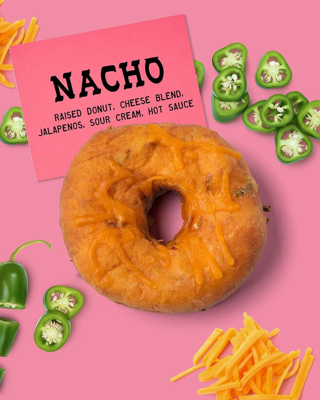 ダニー・トレホのインスタグラム：「Nacho Ordinary Donut! 🌶️🍩🧀  It’s back and better than ever! Our savory nacho donut made of a raised donut with jalapeño, cheese blend, sour cream and hot sauce!   Available as a donut by itself or have it made into a breakfast sandwich! 😋  Open daily 7AM-4PM  📍6785 Santa Monica Blvd, Los Angeles  #trejostacos #trejosdonuts #trejoscantina #trejoscerveza #trejosdonutsandcoffee #coffeeshop #losangeles #donuts #dannytrejo #breakfast #bakers #donutsandcoffee」