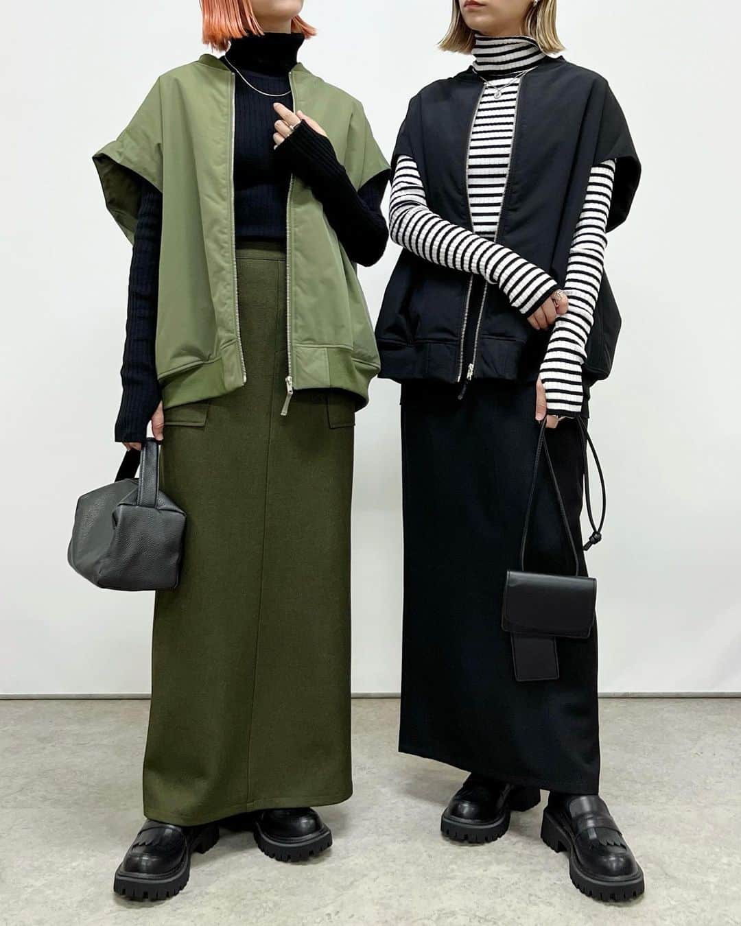 SAYUNAOさんのインスタグラム写真 - (SAYUNAOInstagram)「しまむら FLC×SAYUNAO 指穴付きリブニットを使った着回し7コーデ  9月27日(水)より一部店舗と オンラインにて発売された しまむらコラボアイテム🌿  日々コメントや購入のご報告など たくさん頂き本当に励みになっています♪ ありがとうございます✧˖°  伸縮性があって着心地がいい 指穴付きのタートルネックリブニット １枚でもレイヤードしても着れるので 持っているとコーデの幅が広がるアイテムです◎  ◼︎TT*タートルボーダーPO◼︎ ブラック Msize 529-2913 /  Lsize 529-2914 ◼︎TT*タートルニットPO◼︎ ブラック Msize 529-2915 / Lsize 529-2917  【3枚目】 GU ユニセックス #フランネルチェックシャツ (Lsize) しまむら TT*カーゴナローSK(Msize) ブラック 522-2900   【4枚目】 しまむら TT*MA1ベスト(Msize) ブラック528-1944、カーキ 528-1939 しまむら TT*ワイドPT(Msize) ブラック 525-6075、キャメル 525-6077  【5枚目】 GU WOMEN #パフィータッチオーバーサイズカーディガン (Lsize) しまむら TT*カーゴナローSK(Msize) ブラック 522-2900   【6枚目】 しまむら TT*リラックスオーバーJK(Msize) ブラック 528-2262、キャメル 528-2264 しまむら TT*ワイドPT(Msize) ブラック 525-6075、キャメル 525-6077  【7枚目】 GU ユニセックス #フランネルチェックシャツ (Lsize) GU WOMEN #ローライズバギージーンズ (Ssize)  【8枚目】 しまむら TT*MA1ベスト(Msize) ブラック528-1944、カーキ 528-1939 しまむら TT*カーゴナローSK(Msize) ブラック 522-2900 、カーキ522-2907  【9枚目】 しまむら TT*リラックスオーバーJK(Msize) ブラック 528-2262、キャメル 528-2264 しまむら TT*カーゴナローSK(Msize) ブラック 522-2900 、カーキ522-2907  左sayu  右nao 身長157㎝で上記アイテム着用しています🦕🦕  少しでも参考にして頂けたらうれしいです♪  @shimastyle.jp @grshimamura @flc___official #PR」10月13日 16時59分 - sn__linklink
