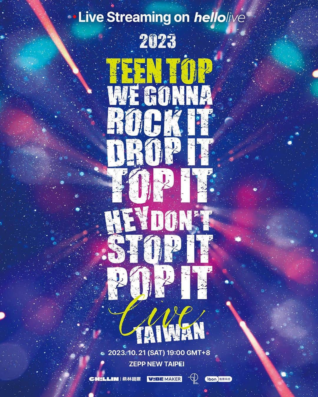 【公式】TEEN TOPのインスタグラム：「[📢] [LIVE Streaming] 2023 TEEN TOP CONCERT IN 💜TAIWAN💜 we gonna rock it drop it top it hey don't stop it pop it LIVE 안내  🗓 LIVE: 2023. 10. 21 (토) 19:00 GMT+8 🎫 TICKET OPEN: 2023. 10. 13 (금) 18:00 KST  🔗 https://hellolive.tv/ko/detail/154  엔젤들 👼 대만콘도 헬로라이브에서 만나요🎆  #TEENTOP #틴탑」