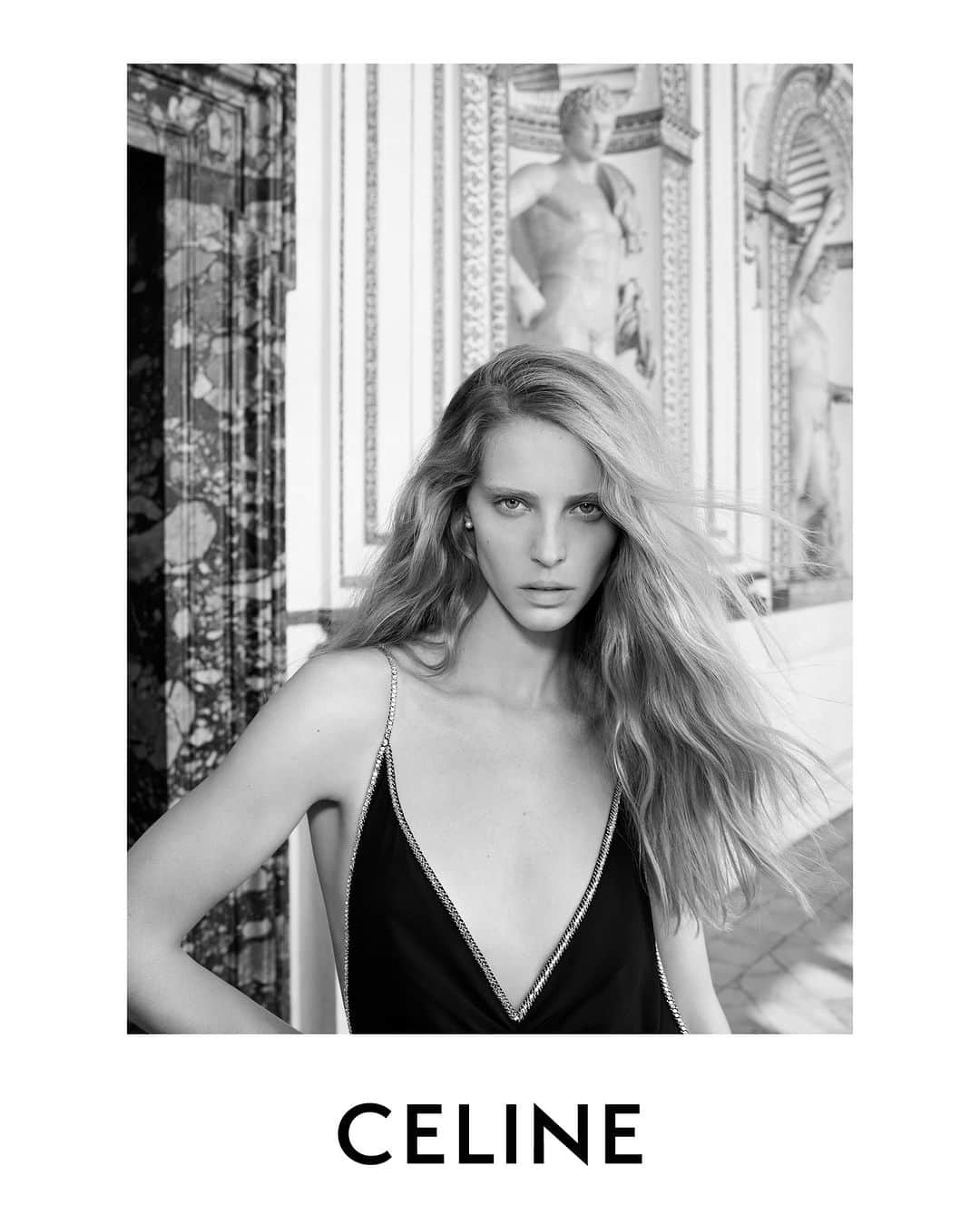 Celineのインスタグラム：「LA COLLECTION DES GRANDS CLASSIQUES 07  CELINE SILK DRESS  COLLECTION AVAILABLE NOW IN STORES AND ON CELINE.COM  ABBY @HEDISLIMANE PHOTOGRAPHY AND STYLING ROME SEPTEMBER 2023  PALAZZO FARNESE   CELINE’S LATEST WOMEN’S CAMPAIGN FOR LA COLLECTION DES GRANDS CLASSIQUES HAS BEEN PHOTOGRAPHED BY HEDI SLIMANE IN ROME IN SEPTEMBER 2023 AT PALAZZO FARNESE.  FOR THE FIRST TIME EVER, A COUTURE HOUSE HAS GAINED ACCESS TO THE PALACE.  PALAZZO FARNESE, A RENOWNED ROMAN PALACE, DESIGNED BY ANTONIO DA SANGALLO IL GIOVANE, BUILT IN THE 16TH CENTURY AND COMPLETED BY MICHELANGELO, IS AN EXAMPLE OF HIGH RENAISSANCE ARCHITECTURE.  HOME TO NUMEROUS MASTERPIECES COMBINING PAINTINGS, SCULPTURES AND ARCHITECTURE; GALLERIES ARE DECORATED WITH FRESCOS INCLUDING THE MONUMENTAL FRESCO CYCLE BY ANNIBALE CARRACCI, WALLS ARE EMBELLISHED WITH TAPESTRIES AMONGST DECORATED SARCOPHAGUSES AND ROMAN SCULPTURES.   THE PALACE HAS BEEN THE FRENCH EMBASSY’S RESIDENCE IN ITALY SINCE 1874.  #CELINEBYHEDISLIMANE」