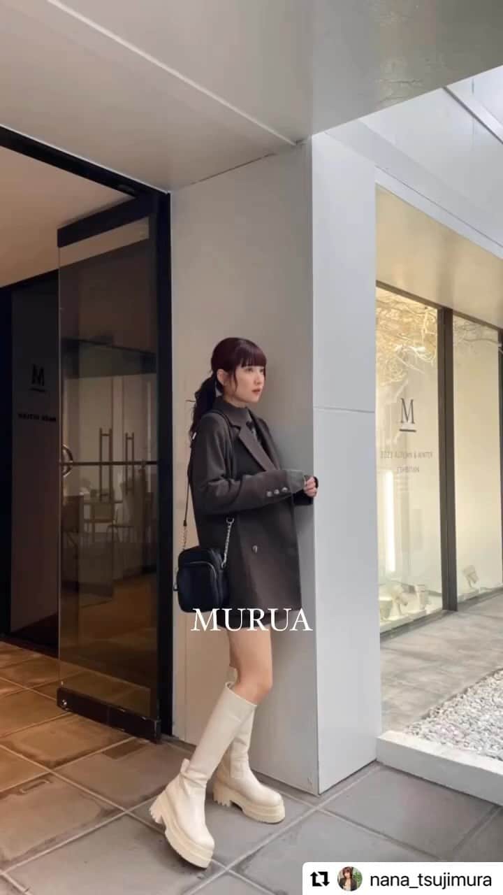 MURUAのインスタグラム：「@nana_tsujimura ( 159cm / 骨格ナチュラル )  #ウールライクテーラードジャケット #ウールライクミニスカート  ・・・ 着用アイテムは商品タグ or TOPのURLからチェック ▶︎▶︎ @murua_by_staff  #murua #murua_snap #ootd #ootdfashion #coordinate #fashion #murua2023aw」