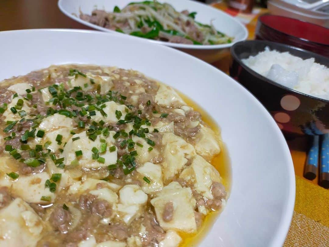 大河壮太さんのインスタグラム写真 - (大河壮太Instagram)「夕ご飯  肉もやし炒め、麻婆豆腐、たまごスープ  肉もやし炒め 大量買いの肉　約150円 もやし　25円 ピーマン　60円 塩コショウ創味シャンタンで炒めて終了！  麻婆豆腐 大量買い豚ひき肉　約100円 豆腐１丁　50円 味噌、醤油、創味シャンタンで仕上げてとろみつける！  たまごスープ 卵2個　約46円 乾燥わかめ ゴマ 創味シャンタン、ごま油で完成！  #夫婦飯 #宮城 #仙台 #移住 #お野菜太郎」10月13日 19時34分 - 0831taro