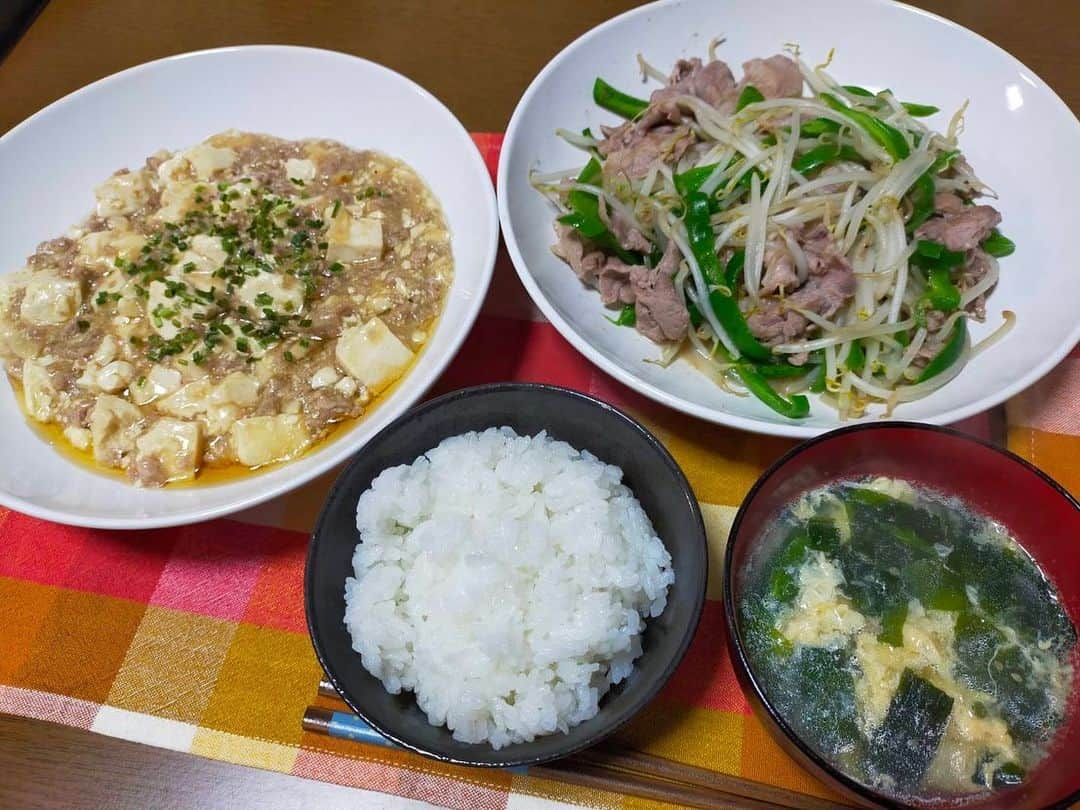 大河壮太のインスタグラム：「夕ご飯  肉もやし炒め、麻婆豆腐、たまごスープ  肉もやし炒め 大量買いの肉　約150円 もやし　25円 ピーマン　60円 塩コショウ創味シャンタンで炒めて終了！  麻婆豆腐 大量買い豚ひき肉　約100円 豆腐１丁　50円 味噌、醤油、創味シャンタンで仕上げてとろみつける！  たまごスープ 卵2個　約46円 乾燥わかめ ゴマ 創味シャンタン、ごま油で完成！  #夫婦飯 #宮城 #仙台 #移住 #お野菜太郎」