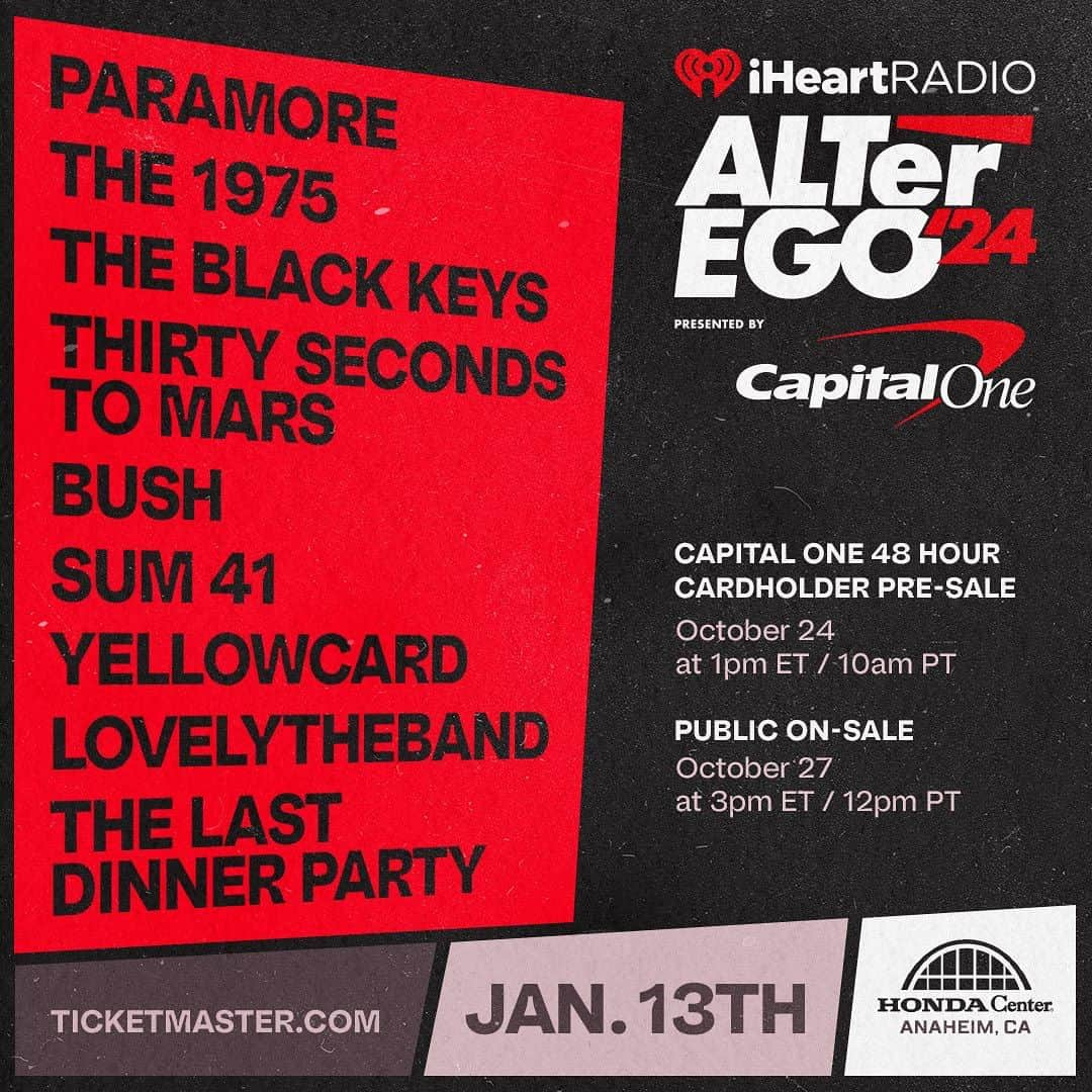 Sum 41さんのインスタグラム写真 - (Sum 41Instagram)「See you at the 2024 @iheartradio ALTerEGO on January 13th in Anaheim, CA! Tickets on sale Friday, October 27th at 12pm pt. #iHeartALT」10月13日 22時03分 - sum41