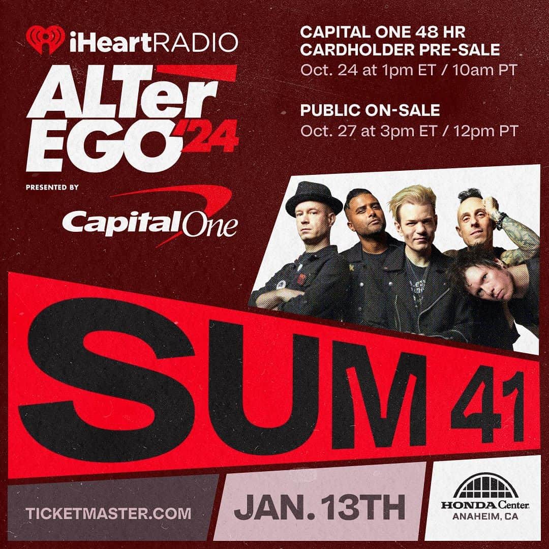 Sum 41のインスタグラム：「See you at the 2024 @iheartradio ALTerEGO on January 13th in Anaheim, CA! Tickets on sale Friday, October 27th at 12pm pt. #iHeartALT」