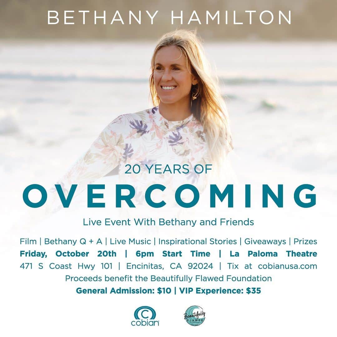 Bethany Hamiltonのインスタグラム：「GIVE AWAY TIME! 🥳👉🏼  Join us for an evening with Bethany Hamilton and friends in California as we celebrate 20 years of resilience and inspiration - not just as a surfer, but as a woman, wife, mother, and role model. The night will be packed with film screenings, live music, entertainment, giveaways, inspirational stories, and a Q&A session with Bethany herself. 🤙🏼  Proceeds benefit the Beautifully Flawed Foundation, which hosts retreats, conferences and programs within the United States. The most renowned program and is a retreat for young amputee women ages 14-26. This program is just one example of how the Beautifully Flawed Foundation has restored hope in this broken world.. 🙌🏼  Giveaway!!! 🥳🥳 We’re giving away two VIP tickets to the event! If you want to enter, details are below.  	1.	Follow @cobianfootwear @beautifullyflawedfoundation & @ohanaexperiences  	2.	Comment below a friend you’d want to take with you!! 🤍 	3.	That’s it!!  Info about the event to purchase tickets: 🎟️  Tickets: $10 General Admission / $35 VIP Admission Date: Friday, October 20th Time: 6:00pm Venue: La Paloma Theatre, 471 S Coast Hwy 101, Encinitas, CA 92024」