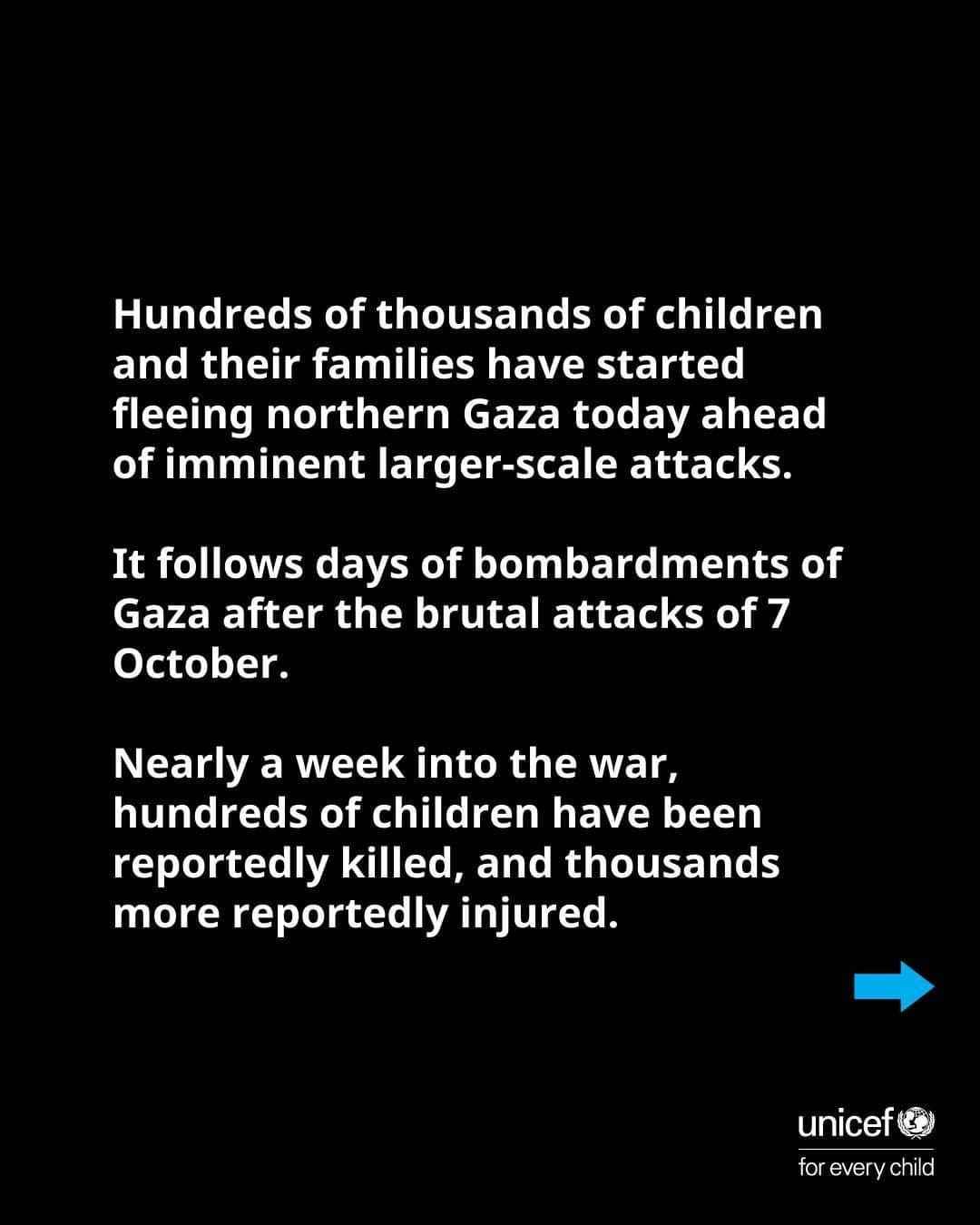 のインスタグラム：「Time is running out for children in Gaza.  UNICEF calls for an immediate humanitarian pause and safe access to scale and sustain lifesaving services for children.」