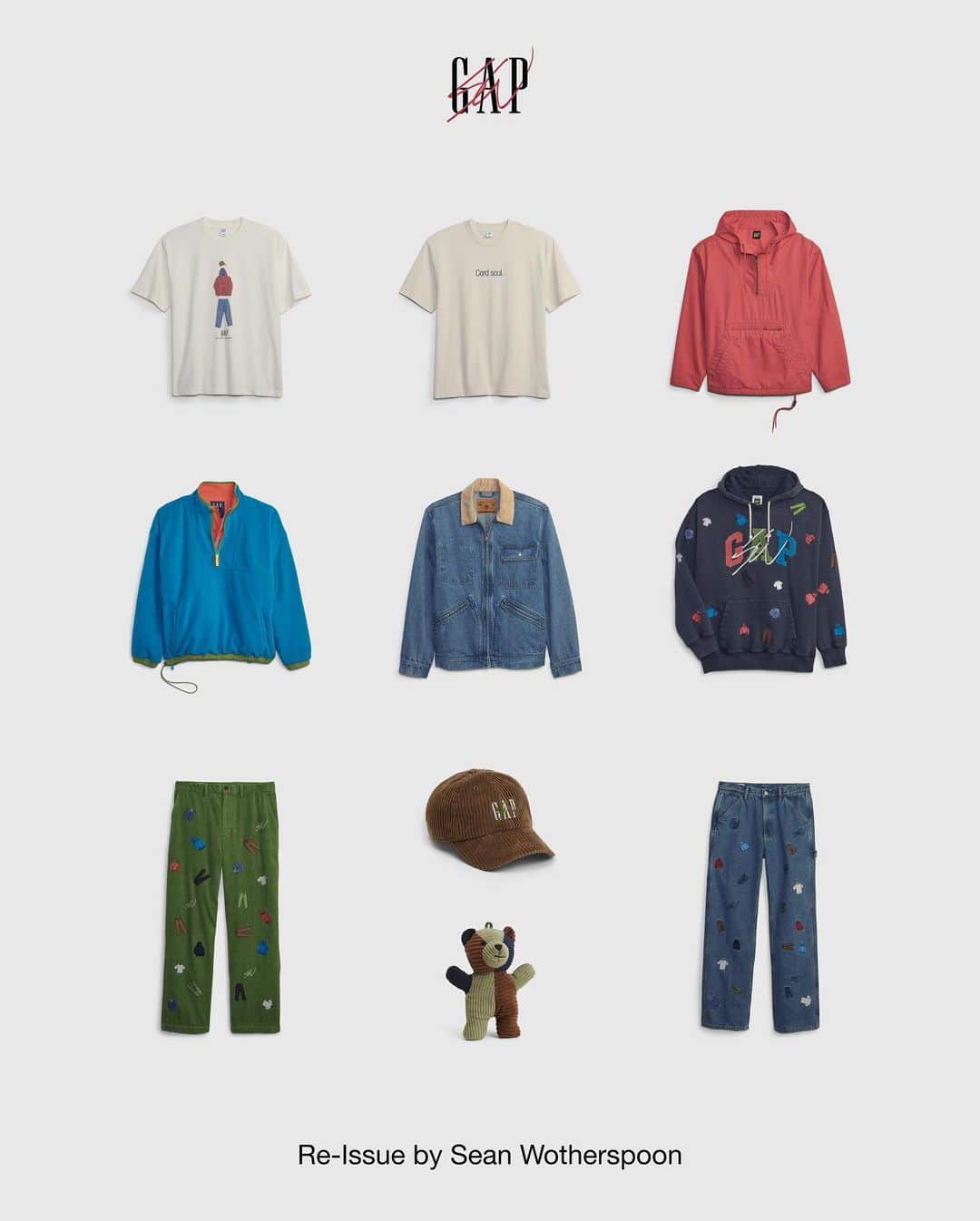 GAPのインスタグラム：「Introducing Re-Issue. A limited capsule designed for Gap by vintage clothing’s biggest hype man, @sean_wotherspoon. Ten new pieces inspired by our archives. Remixed and reimagined for today.  .  Available now. Online and in select stores.」