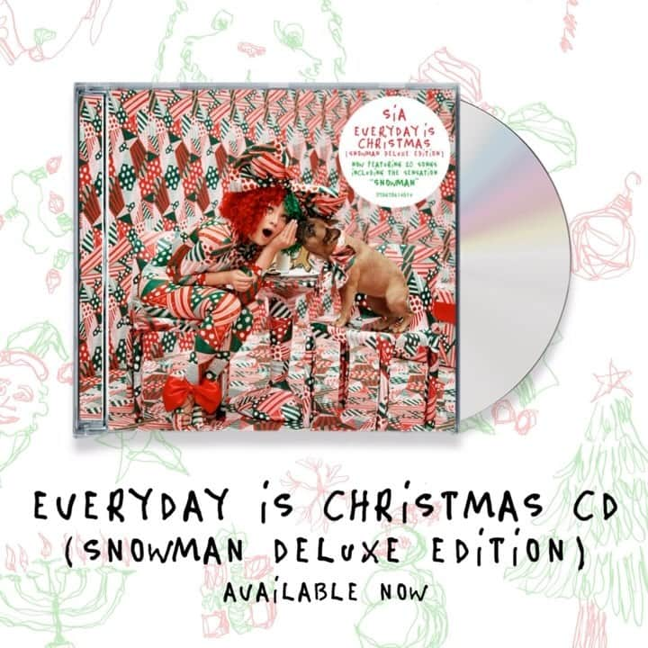 シーアのインスタグラム：「The most wonderful time of the year is here! The ‘Everyday Is Christmas (Snowman Deluxe Edition)’ is on CD for the first time ever 🎁☃️🎶 - Team Sia  [video description: an animated mock-up of Sia’s ‘Everyday Is Christmas (Snowman Deluxe Edition)’ CD]」