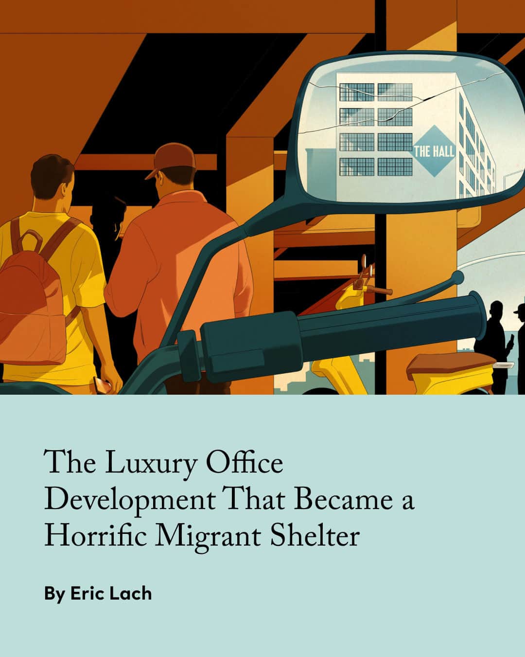 The New Yorkerのインスタグラム：「Last summer, Texas Governor Greg Abbott began sending busloads of arrived migrants from his state to New York City, in a cruel political stunt. As more and more migrants arrived, the city government scrambled to find room for them. Entire hotels were rented out. When the hotel rooms ran out, local officials constructed emergency shelters, like the large tents on Randall’s Island, in the East River.  At the end of June, as the city’s shelter population neared 100,000, the commercial real-estate firm RXR entered into a licensing agreement with New York City Health and Hospitals, the city’s public-health-care network, to convert the company’s “unique workplace campus” called the Hall—which sat mostly empty throughout the pandemic—into a larger-capacity migrant shelter, a process that could take months. In the meantime, according to RXR, the firm was asked to quickly build a shorter-term “respite center” with space for 450 male migrants.  In July and August, buses filled with migrants arrived at the Hall nearly every day—even after the respite center reached its initial capacity. This resulted in nearly 800 men from all over the world living at the Hall, sleeping inches from one another. Many had never heard of Brooklyn before. “It was like a prison,” a recent resident said. There was no privacy, or places to congregate indoors. There were a few toilets on each floor, but no showers (there were four shower trailers outside, but only cold water came out of them). Violence sometimes broke out. In the meantime, the facility, as a respite center, did not help with immigration cases, or applying for work permits. “Mostly, the men were left to fend for themselves,” Eric Lach writes. At the link in our bio, read about how an office building designed for tech workers became a horrific migrant shelter. Illustration by @anujink.」