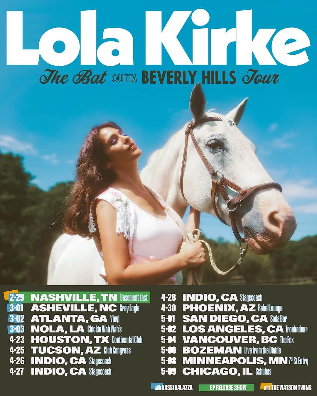 のインスタグラム：「THE BAT OUTTA BEVERLY HILLS TOUR GOES ON SALE 10/18!!!  So excited to play some places I’ve never been before and return to some old favorites 💘   Also to share the stage with some amazing ladies! @thewatsontwins + @kassivalazza + @catccohen 🤠more support tba!!!  Come on down! 💋  Poster by @georgia.hey  📸 @mamahotdog」