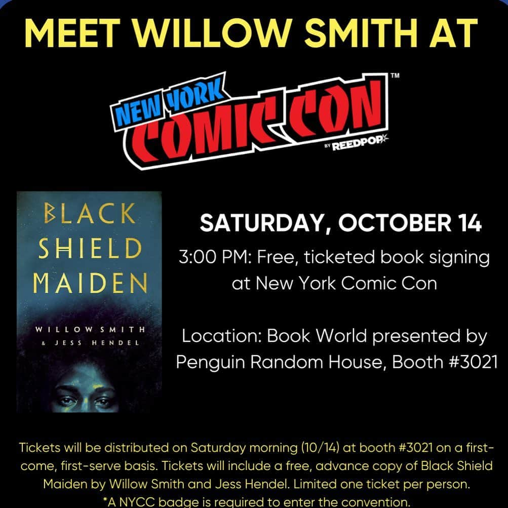 ウィロー・スミスのインスタグラム：「Find me at Penguin Random House’s “Book World” booth #3021 on Saturday, October 14 at 3:00pm for a chance to get a signed advanced copy & a photo with me!  @newyorkcomiccon @NY_Comic_Con #NYCC @DelReyBooks @jesshendelwrites」