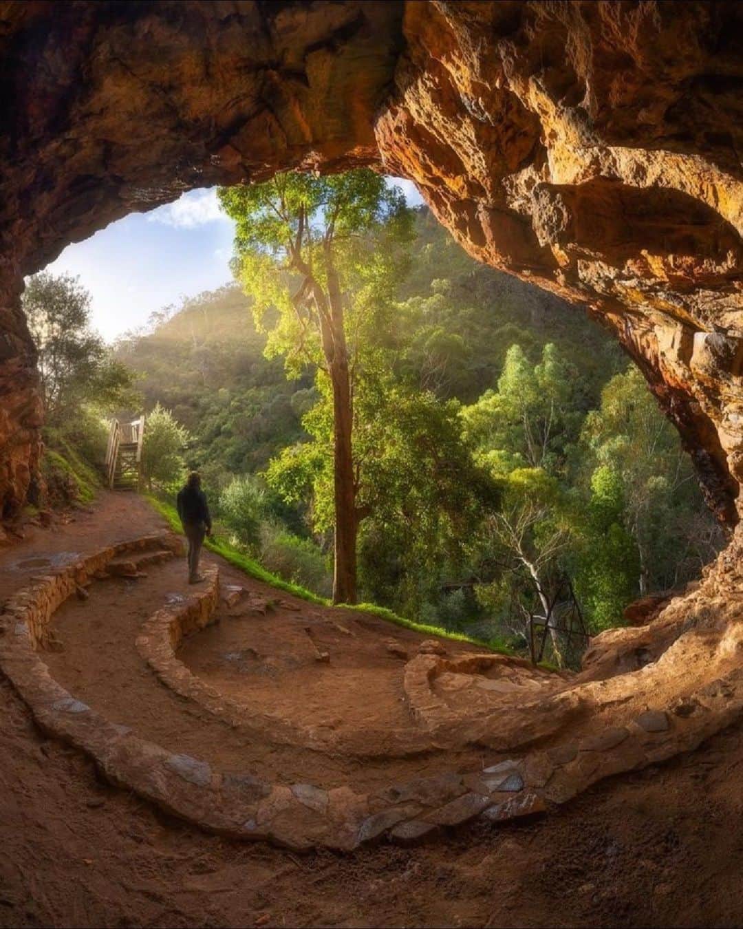 Australiaのインスタグラム：「A window into the magical world of @southaustralia ❣️ This snap by @michaelwaterhousephotography makes us feel like we've stepped straight into a storybook 🧚 Fittingly named the Giants Cave, you'll find this beauty in #MorialtaConservationPark, where the only real giants you'll encounter are cascading waterfalls, towering trees and rugged cliffs. Just a 20 minute drive from Tarntanya (@cityofadelaide), you can join @puresouthaustralia for a half-day guided hike to see the highlights of this other-worldly landscape 🥾⛰️   #SeeAustralia #ComeAndSayGday #SeeSouthAustralia #ADL  ID: A person standing on a winding path carved into a cave, looking out towards trees with sunlight streaming through.」