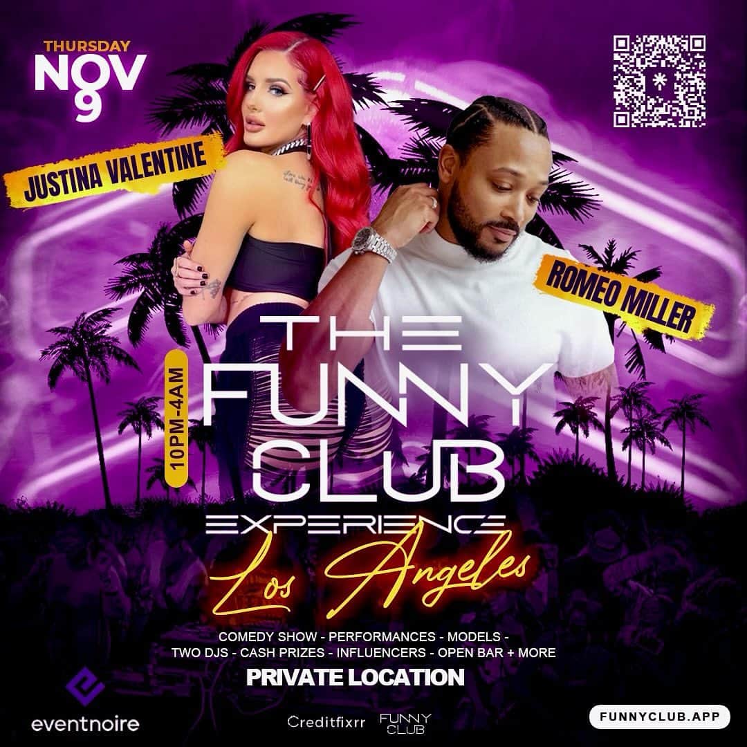 ロメオ・ミラーのインスタグラム：「Come party with me and @justinavalentine for the @funnyclub.app experience mansion party in LA November 9. Stand up, drinks, and positive vibes. It’s always a good time when you are laughing. It’s up @bcriss_.  Get your tickets now at www.funnyclub.app or just hit the link in my BIO and repost and tag for a chance to get a personal invite from me and the team. See ya soon Cali. 🌴🥳🍿   #PrivateLocation」