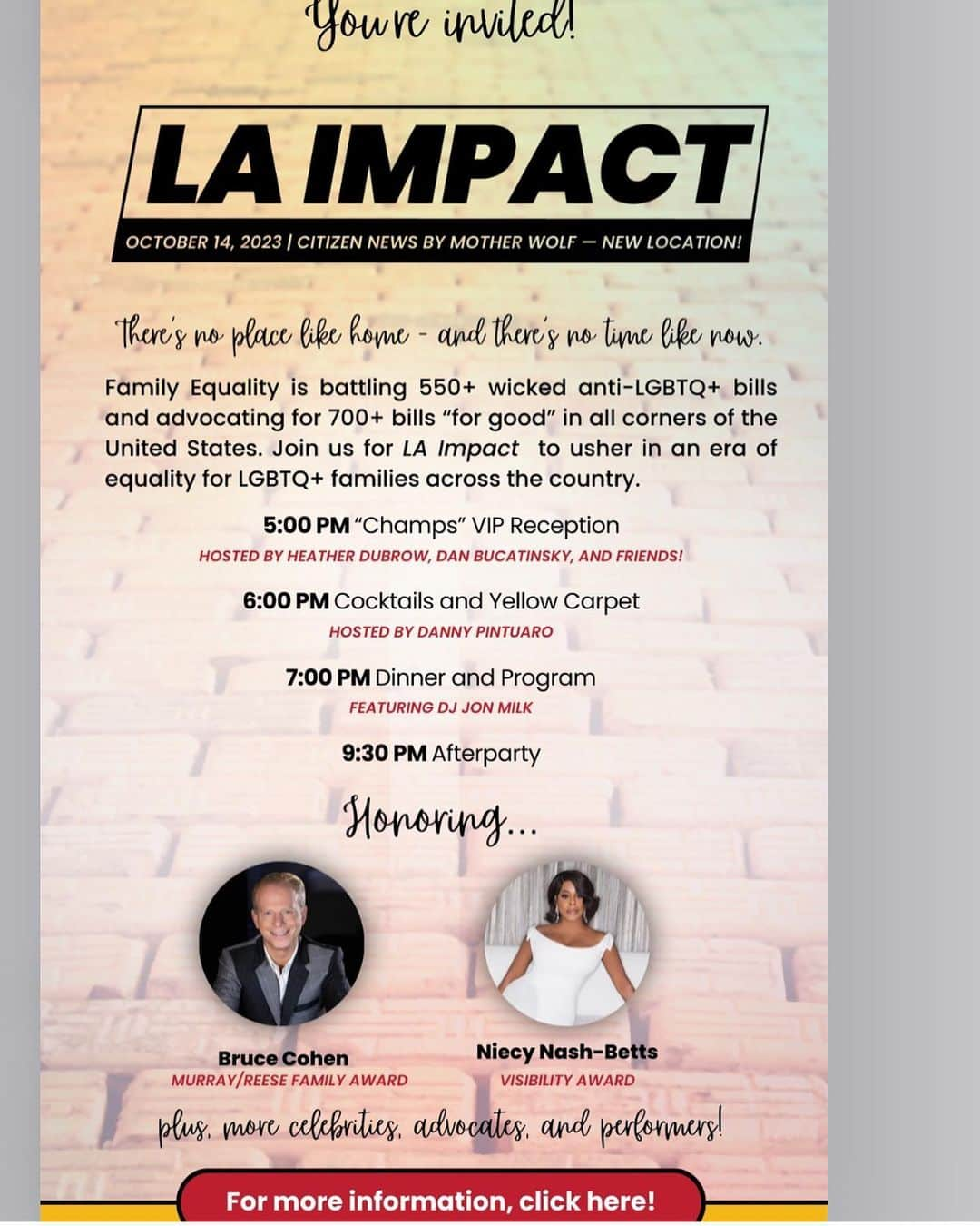 マーシャ・ゲイ・ハーデンのインスタグラム：「Join LA IMPACT & @familyequality (honoring @bcohen6 and @niecynash1 ) as they fight for health care, education, shelter, adoption rights, family rights, inclusion and much more for the LGBTQ+ community.  Link in bio.  There is a silent auction- (link also in bio) and anything you can donate would be so appreciated. With love for ALL, we move forward.  #LAImpact2023」