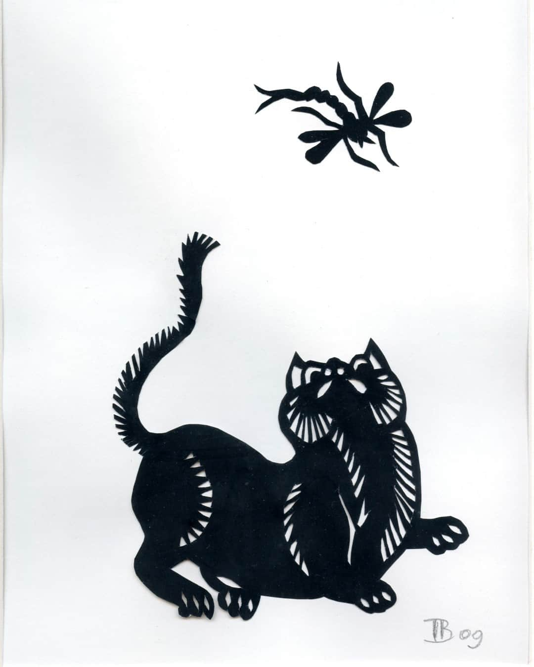 スミソニアン博物館のインスタグラム：「Feeling suPURRstitious this Friday the 13th? 🐈‍⬛  Here’s a black cat whose path we aren’t nervous to cross.   This friendly feline is actually a paper cutout. The artist, Ira Blount, moved to Washington, D.C. after serving in World War II. Always interested in working with his hands, he mastered 15 artisanal crafts, including quilting, origami and needlework.   In this piece, he uses the negative space of cutouts in the black paper to create the texture of the cat’s fur and claws, transforming a simple piece of paper into a playful scene. Do you think the cat will catch the dragonfly?   This artwork is part of our @smithsonianacm’s collection.    Gift of Ira Blount, 2007.」