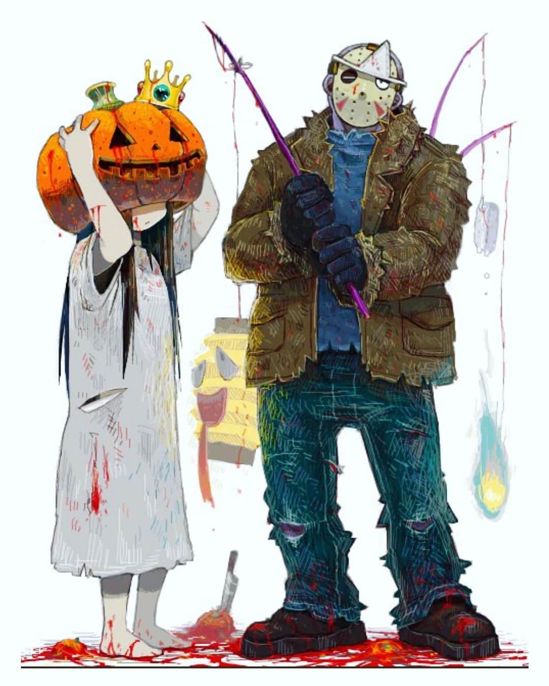 ボニー・モーガンのインスタグラム：「Friday the 13th in OCTOBER!?! What a wonderful time of the year!! Samara and Jason… Two kids with a whole lot in common running amok at long last!! Wishing you a screaming bloody good Friday the 13th! #monstermashup #adventuresofbendybonnie #fanart #fridaythe13th #samaramorgan #bonniemorgan #sadako #jason #pumpkinhead #thering #shenanigans #halloween #horror #monsters #amokamokamok #trickortreat #fanartfriday #bendybonnie」