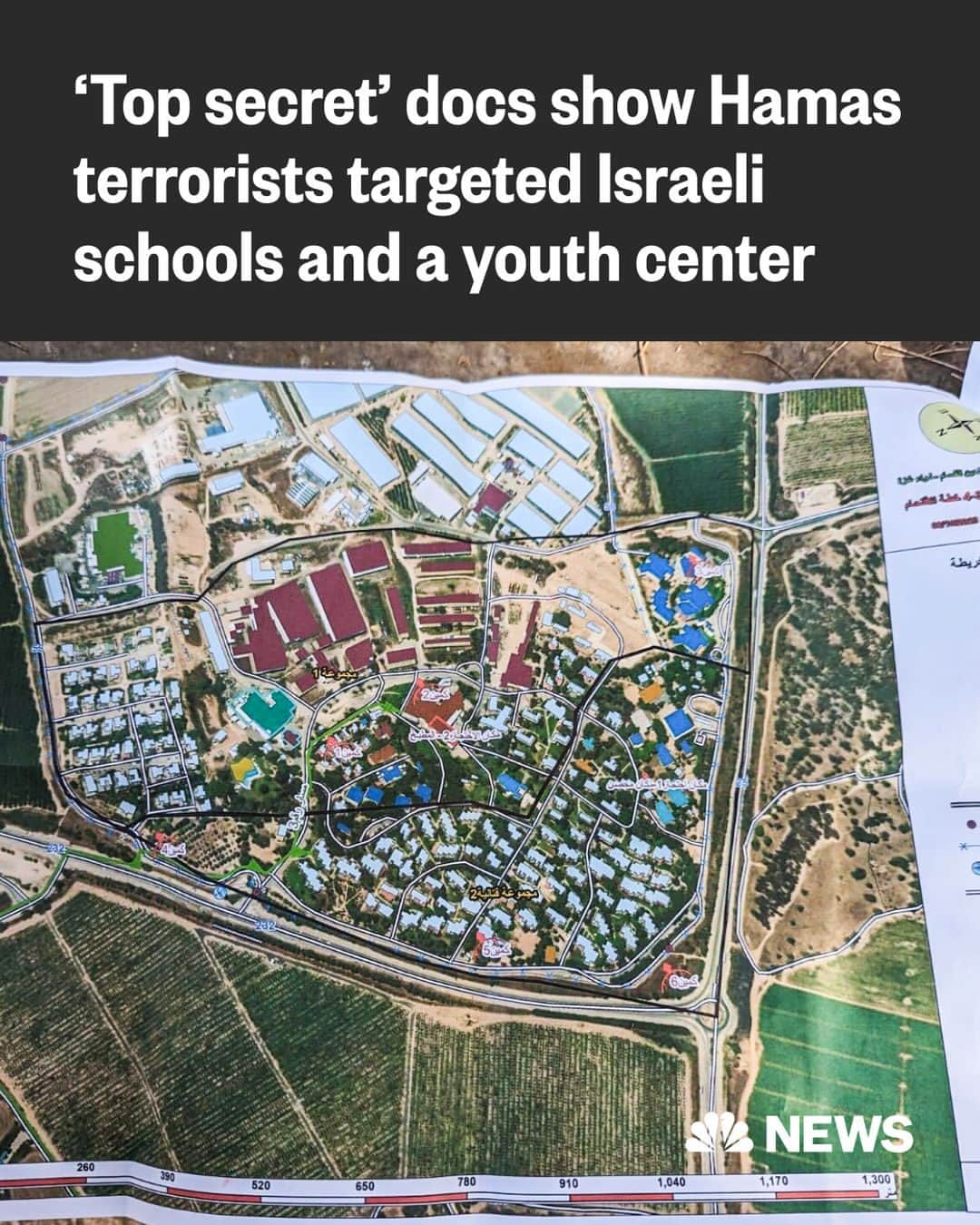 NBC Newsのインスタグラム：「Documents exclusively obtained by @NBCNews show that Hamas created detailed plans to target elementary schools and a youth center in the Israeli kibbutz of Kfar Sa'ad, to "kill as many people as possible," seize hostages and quickly move them into the Gaza Strip.  The documents were found on the bodies of Hamas terrorists by Israeli first responders and shared with @NBCNews. The documents include detailed maps and show that Hamas intended to kill or take hostage civilians and school children.  "The dental office, the supermarket, the dining hall," an Israel Defense Forces source said. "The level of specificity would cause anyone in the intelligence field's jaw to drop."  Read more at the link in bio.」