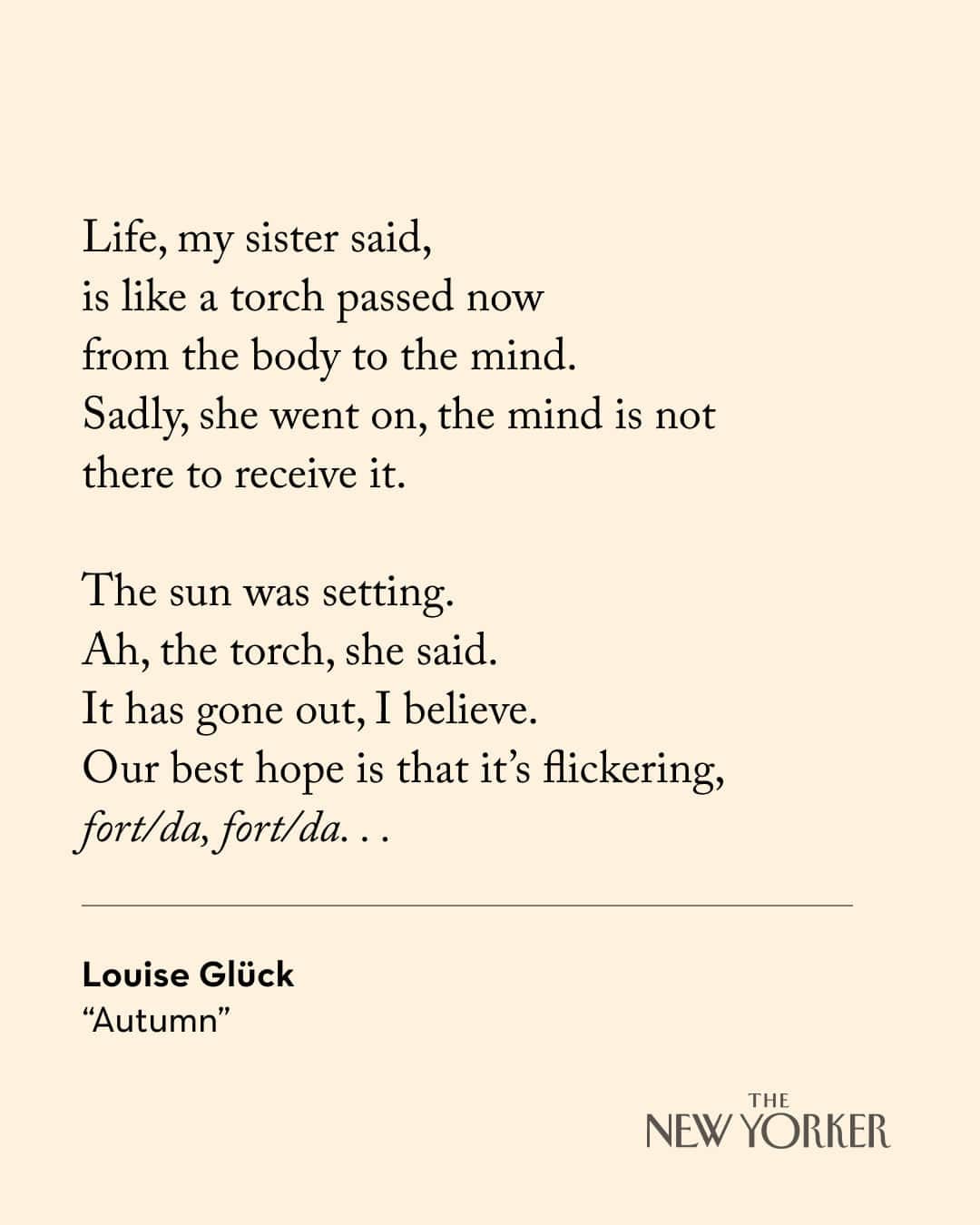 The New Yorkerのインスタグラム：「Louise Glück, the Nobel Prize-winning poet, died today, at 80. “Autumn,” was first published in a December, 2017, issue of the magazine. Read it in full at the link in our bio.」