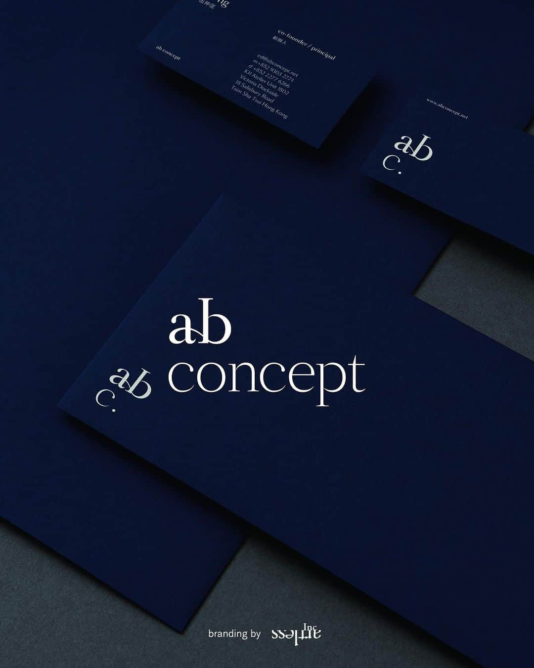 川上俊さんのインスタグラム写真 - (川上俊Instagram)「[corporate branding]   ab concept ltd. - design studio founded in Hong Kong, in 1999 by architect Terence Ngan and interior designer Ed Ng @ab_concept   corporate branding + visual identity  brand design: logo + visual identity brand guide art direction: photo direction graphic + web design: stationary design web design  We were approached by architect Terence Ngan and interior designer Ed Ng to rebrand their design studio ab concept founded in 1999 in Hong Kong. We were in charge of rebranding their C.I. (Corporate Identity), encompassing the logo, V.I., web design, and stationary design.  ab concept has been a creative partner to leading hospitality brands around the world for over 20 years, providing comprehensive interior design and creative direction as well as furniture, lighting, and textiles designs. Inspired by their mantra of, “Ultimately, design is about being.”, our goal was to create a brand identity that brings in elements of a human-touch while maintaining the timelessness present in ab concept’s work.  By connecting the initials of "about being", the logo expresses the various connections that ab concept values—craft and industry, scale and intimacy, people and places.  The brand colors of deep blue and light gray represents both elegance and modernity, while the humanist font, Sang Bleu, ties together this delicate balance to evoke a sense of silent authority. Designed with meticulous attention to every detail, we strive to create a brand design that accompanies ab concept’s journey to a new phase of exploration and maturity.  -- branding : artless Inc. creative direction & art direction: shun kawakami graphic & web design: thomas zimmerman + shinsaku iwatachi web programming : adrien dufond project management : asami kinoshita client: ab concept ltd.  -  #artlessinc #shunkawakami」10月14日 7時28分 - shunkawakami