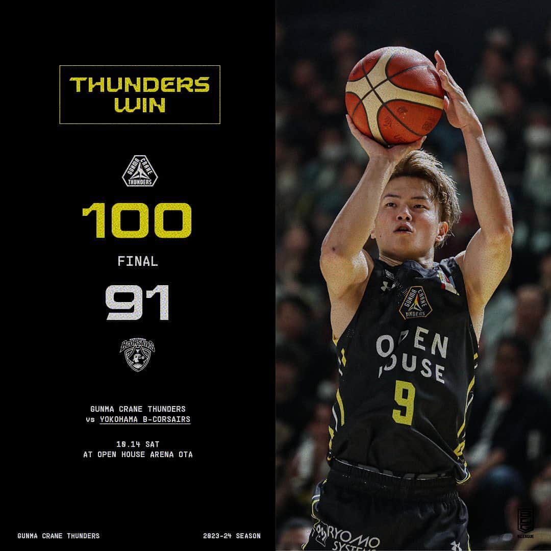 群馬クレインサンダーズのインスタグラム：「【4Q END】 100点 #群馬クレインサンダーズ 91点 #横浜ビー・コルセアーズ   100点ゲームで今シーズン初勝利🔥🔥 明日も最高の空間で最高の勝利を⚡️  #バスケットLIVE で配信📡 is.gd/pGOCbm  #群馬クレインサンダーズ🆚#横浜ビー・コルセアーズ #Bリーグ #BEBOLD #オプアリ」