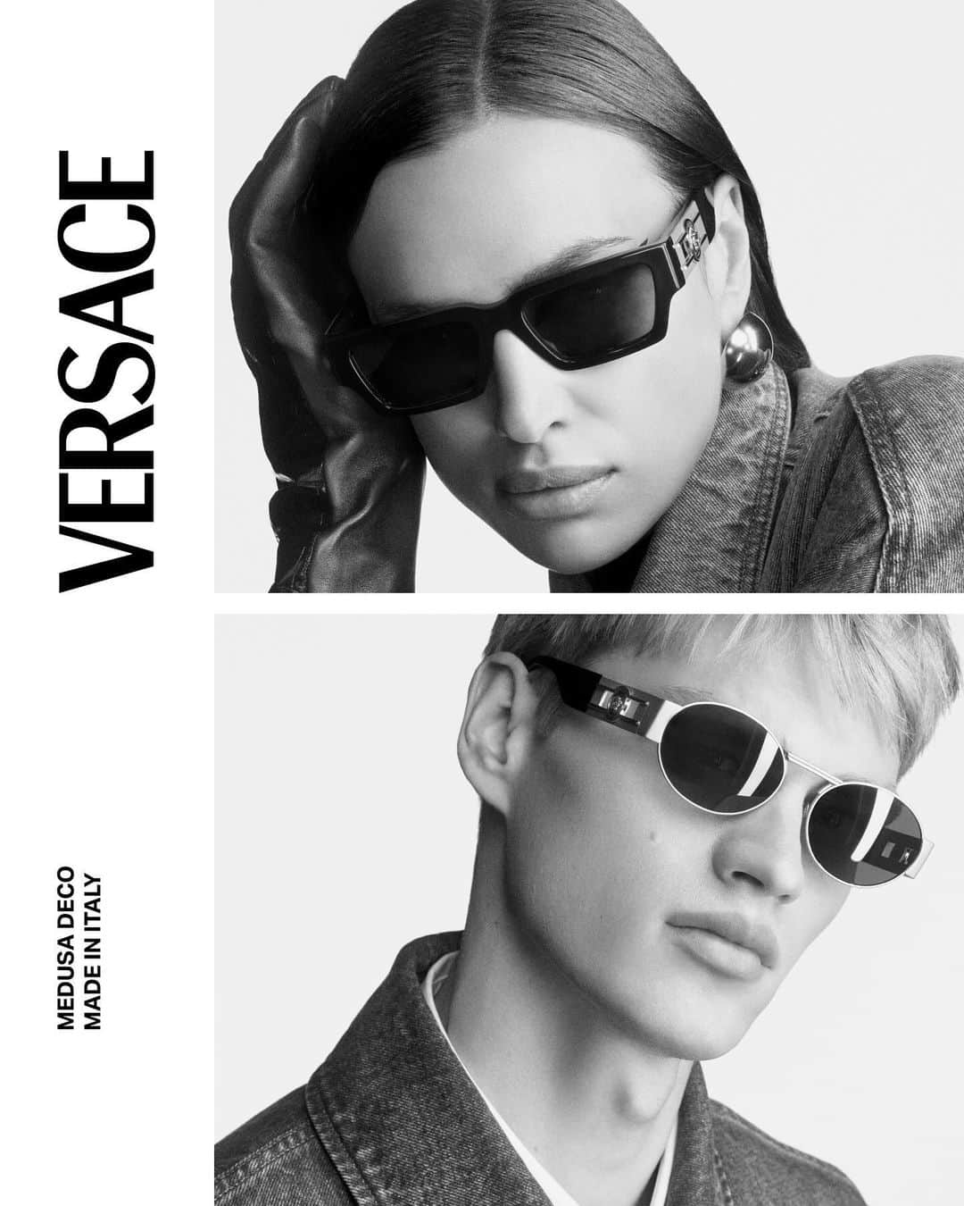 ジャンニヴェルサーチのインスタグラム：「Versace Eyewear 2023 Campaign  Irina and Filip wear Medusa Deco sunglasses  Photography by Ilya Lipkin  #VersaceFW23 #VersaceEyewear #VersaceSunglasses」