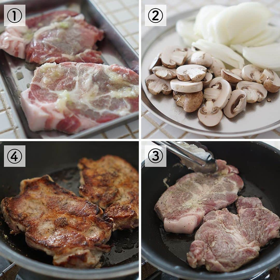 KOZLIFEさんのインスタグラム写真 - (KOZLIFEInstagram)「KOZレシピ 【お肉やわらか！ポークチャップ】  食欲の秋！ご飯がすすむポークチャップのレシピです。すりおろした玉葱につけることで柔らかく仕上がりますよ。子供も大人も喜ぶこと間違いなしです♪  ----------------------------------------------------- ●材料（2人分）  豚肩ロース（トンカツ用）…2枚（280〜300g） すりおろした玉葱（マリネ用）… 50g 玉葱（ソース用）…100g マッシュルーム…50g 塩…小さじ1/2 胡椒…小さじ1/8 強力粉…大さじ1/2 オリーブオイル…大さじ1 バター…5g  《合わせ調味料》 トマトケチャップ…40g ウスターソース…大さじ1 酒…大さじ1 蜂蜜…大さじ1/2 ブイヨン…60ml  《付け合わせ》 茹でたじゃがいも…大1個 茹でたブロッコリー…1/2株 プチトマト…4個  イタリアンパセリのみじん切り…小さじ1  ●作り方  \ 美味しくなるコツ / お肉を焼いた後のフライパンには旨みがついているため、しっかりこそげ落としてソースを作りましょう！   1. 豚肩ロースは筋切りし、厚さが均一でない場合は、麺棒などで叩いて厚さを均一にする。すりおろした玉葱をまぶし、冷蔵庫で一晩おく。 2. 玉葱は5mm幅のくし切り、マッシュルームは厚めにスライスする。 3. 調理前に豚肉を常温に戻し、キッチンペーパーで水分をしっかり拭く。両面に塩胡椒し、強力粉を薄くまぶす。フライパンにオリーブオイルを熱し、中火で焼く。 4. 美味しそうな焼き色がついたら裏返し、裏面も同様に焼き、一度取り出す。後で再度火を通すためこの時点では中心まで火が通ってなくでも良い。 5. 余分な脂を拭き取り、バターを加え、玉葱とマッシュルームを中火で炒める。しんなりしたら合わせ調味料を加え、フライパンの底についた旨みをこそげ落とす。 6. 沸騰したら(4)の肉を戻し、味を含ませながらソースを煮詰める。 7. お皿にお肉をのせ、煮詰めたソースをかける。じゃがいもとブロッコリー、プチトマトを添え、イタリアンパセリを散らしたら完成。 -----------------------------------------------------  ★付け合わせをちょっぴり変えて、エビフライやカラフルな千切りキャベツにすると「大人のお子様ランチ」になりますよ！どうぞお試しください。  その他のKOZレシピはプロフィールのURL内「KOZブログ」からどうぞ。 ▶︎ @kozlife_tokyo  #KOZLIFE #LoveFoodLoveLife #KOZレシピ #旬 #レシピ #簡単レシピ #おかず #ポークチャップ #子どもが大好き #大人のお子様ランチ #食器 #raccaオーバルプレート #식기 #餐具」10月14日 10時44分 - kozlife_tokyo