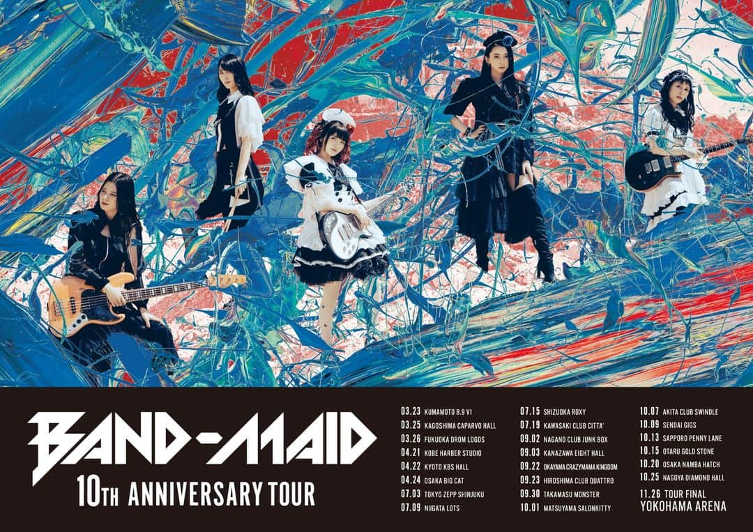 BAND-MAIDのインスタグラム：「[Ticket info] "BAND-MAID 10TH ANNIVERSARY TOUR FINAL" 11/26日)横浜アリーナ公演チケット、 いよいよ本日10/14(土)昼12時発売開始！   ローチケ：https://l-tike.com/bandmaid/ ぴあ：https://w.pia.jp/t/bandmaid/ イープラス：https://eplus.jp/band-maid/  詳細 https://bandmaid.tokyo/contents/609624  "BAND-MAID 10TH ANNIVERSARY TOUR FINAL"  on November 26 at Yokohama Arena,   Tickets will go on general sale from 12:00 noon on October 14(JST) .  For Overseas Tickets  https://l-tike.com/st1/band-maid-os-yokohama  Details https://bandmaid.tokyo/contents/609624  #bandmaid」