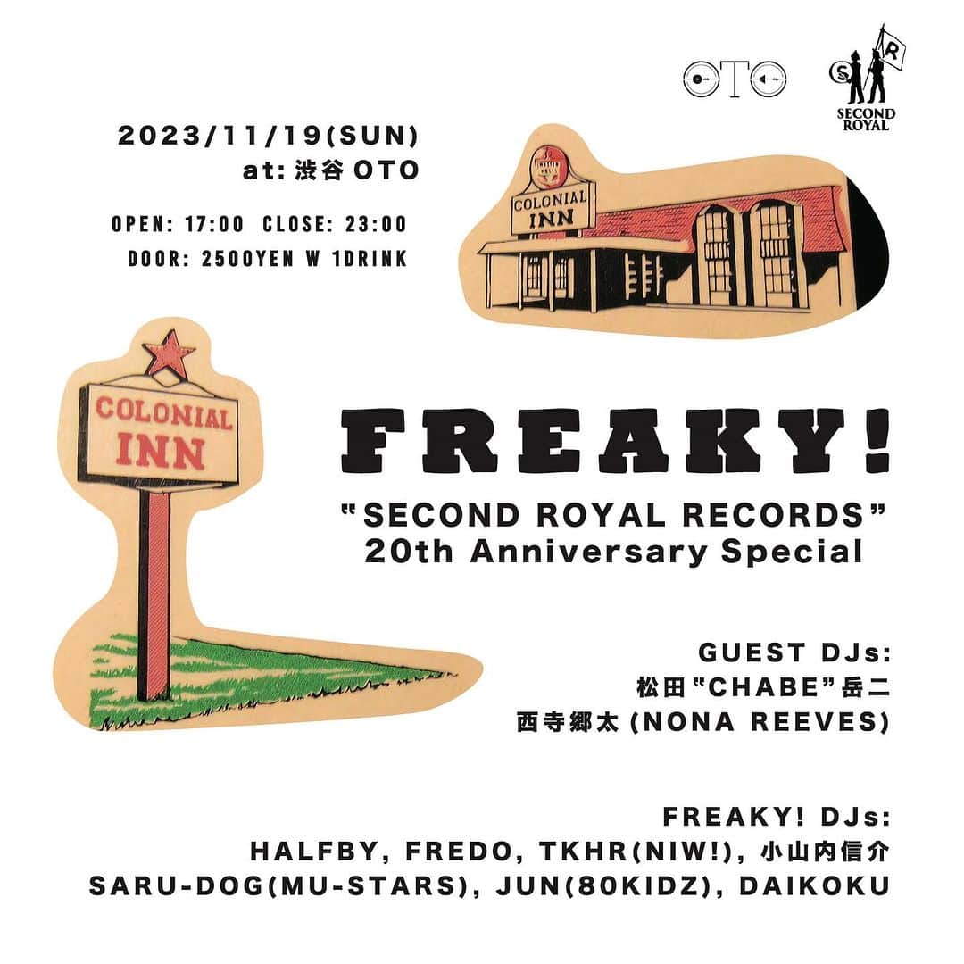 西寺郷太のインスタグラム：「FREAKY! "SECOND ROYAL RECORDS 20th Anniversary Special" 11月19日(日) at: 渋谷OTO OPEN: 17:00 CLOSE: 23:00 DOOR: 2500yen with 1D  GUEST DJs: 松田"CHABE"岳二 西寺郷太 (NONA REEVES)  FREAKY! DJs: HALFBY 松野光紀 (FREDO) TKHR (NIW!) 小山内信介 SARU-DOG (MU-STARS) JUN (80KIDZ) DAIKOKU  やば！やば！ある意味「ゼロ年代に出会った仲間たち久しぶりに集合」だ^_^。」