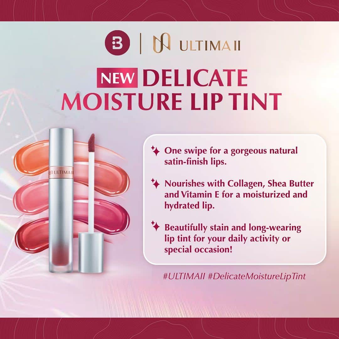 のインスタグラム：「Hi Beauties! @ultimaii_id baru aja launching produk lip tint terbarunya yaitu Delicate Moisture Lip Tint.  Kamu nggak perlu khawatir bibir kering kalau pakai lip tint dari ULTIMA II ini karena mengandung bahan skincare yang bisa menghidrasi bibir kamu seperti Collagen, Shea Butter dan Vitamin E. Selain itu, lip tint ini memiliki formula yang ringan sehingga nyaman digunakan seharian! Dilengkapi dengan 5 shades yang cocok untuk semua skin tone. Menarik banget kann? Yuk coba dan buktikan sendiri!  Share juga di kolom komen mana shade yang jadi favorit kamu yaa! #UltimatelyTintspiredbyYou #ULTIMAII #DelicateMoistureLipTint」