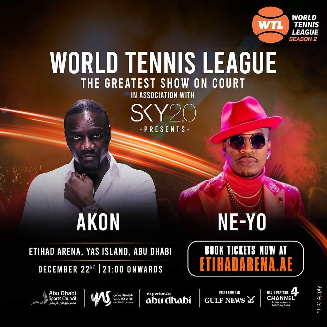 NE-YOのインスタグラム：「WTL is a 10/10 event, but our iconic 'RnB' night is a 💯  Join us on December 22nd ft. iconic RnB kings @akon and @neyo 🕺🏻🕺🏻  This season of 'The Greatest Show on Court' will be even greater! Get your tickets now from the link in the bio.  #WorldTennisLeague #WTL #WTLS2 #AbuDhabi #UAE #thegreatestshowoncourt」